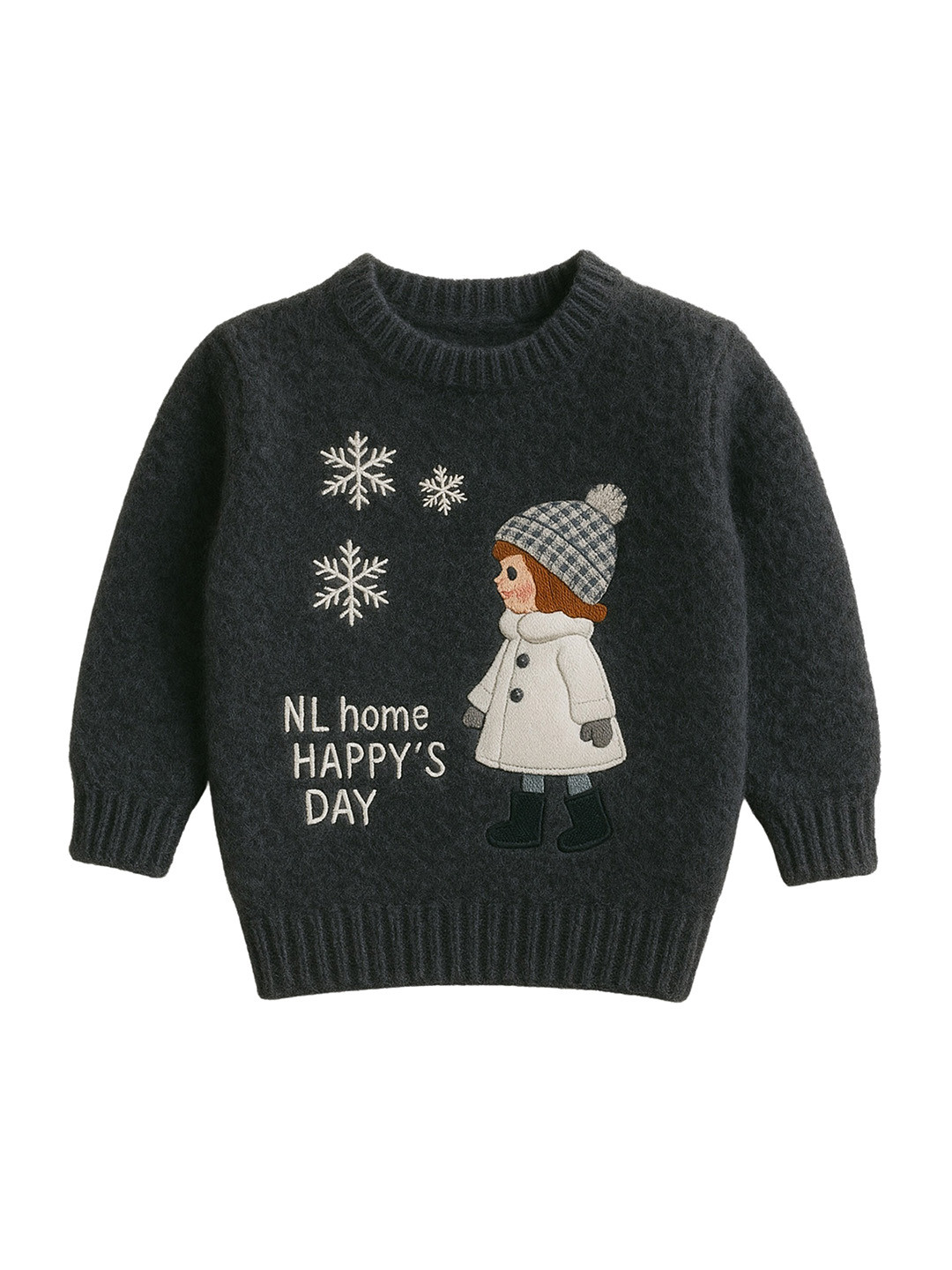 Rebiva Unisex Kids Printed Woollen Fuzzy Detail Pullover
