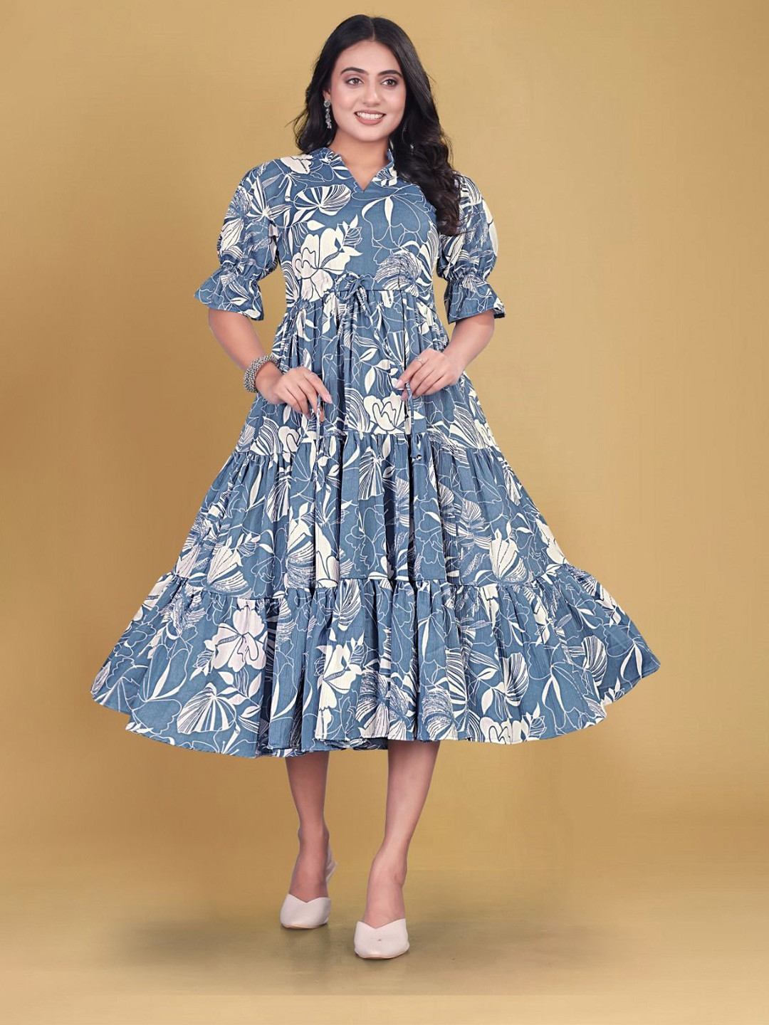 RUNAYA NX Floral Print Puff Sleeve Fit & Flare Gathered or Pleated Knee Length Dress