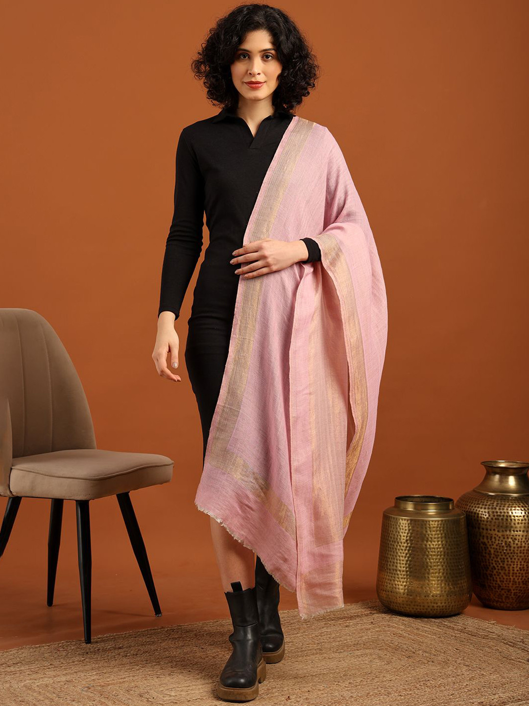 Tweedle Women Woven Design Shawl With Fringed Border