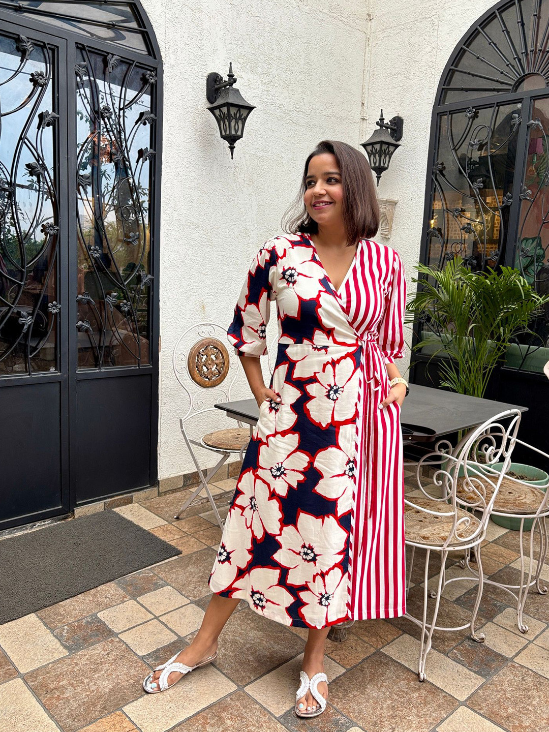 Label Tanvee Women Floral Stripe Wrap Dress with Pockets