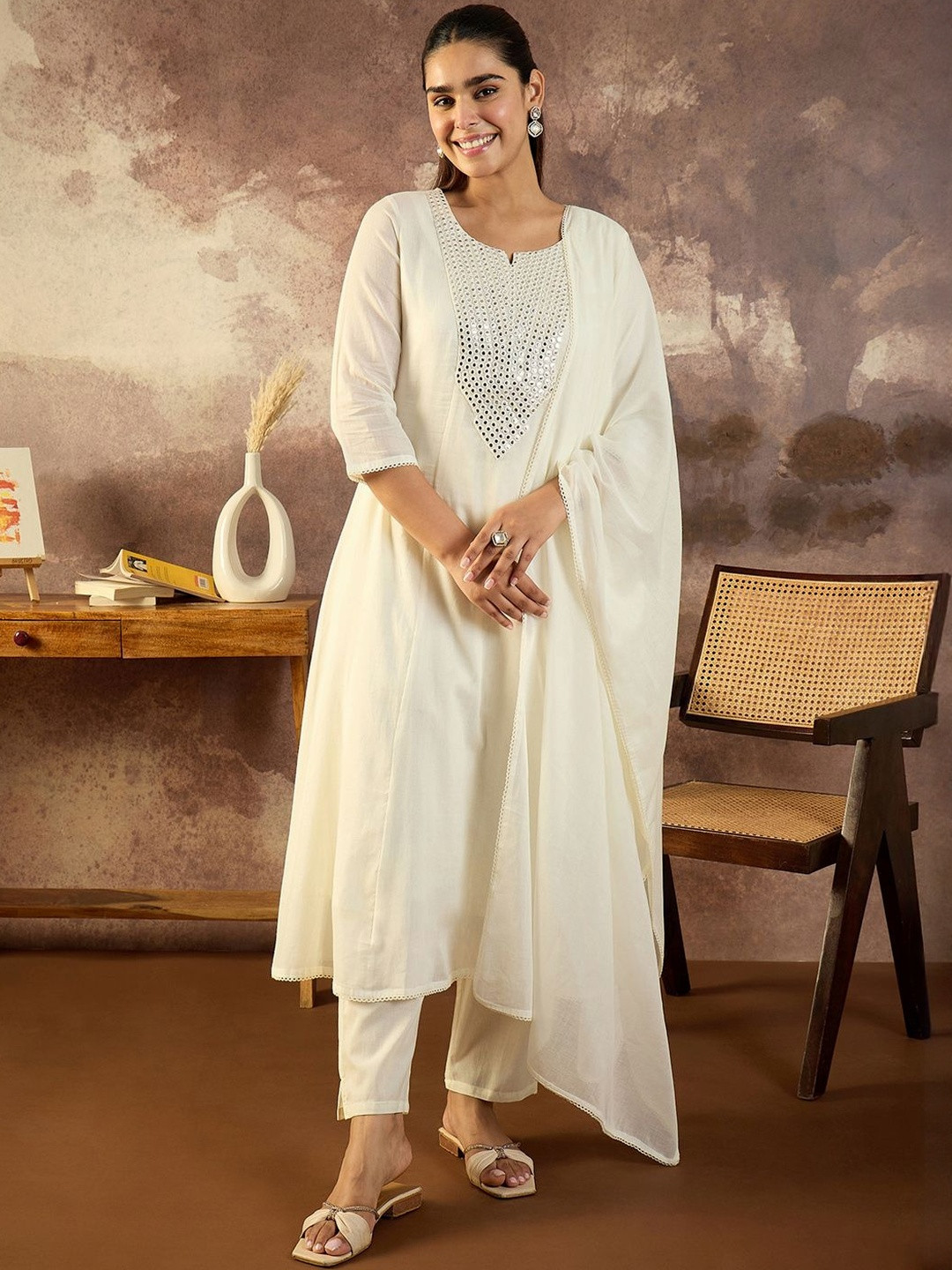 Indo Era Women Solid Cotton A-Line Kurta with Trousers & Dupatta