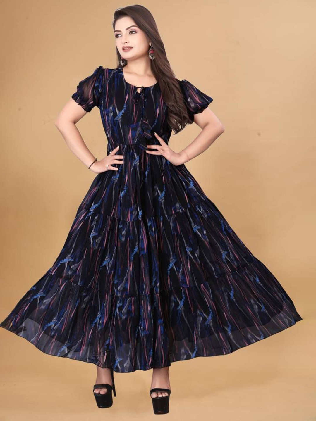 Zanies Abstract Printed Gathered or Pleated Tiered Flared Sleeves Fit and Flare Maxi Dress