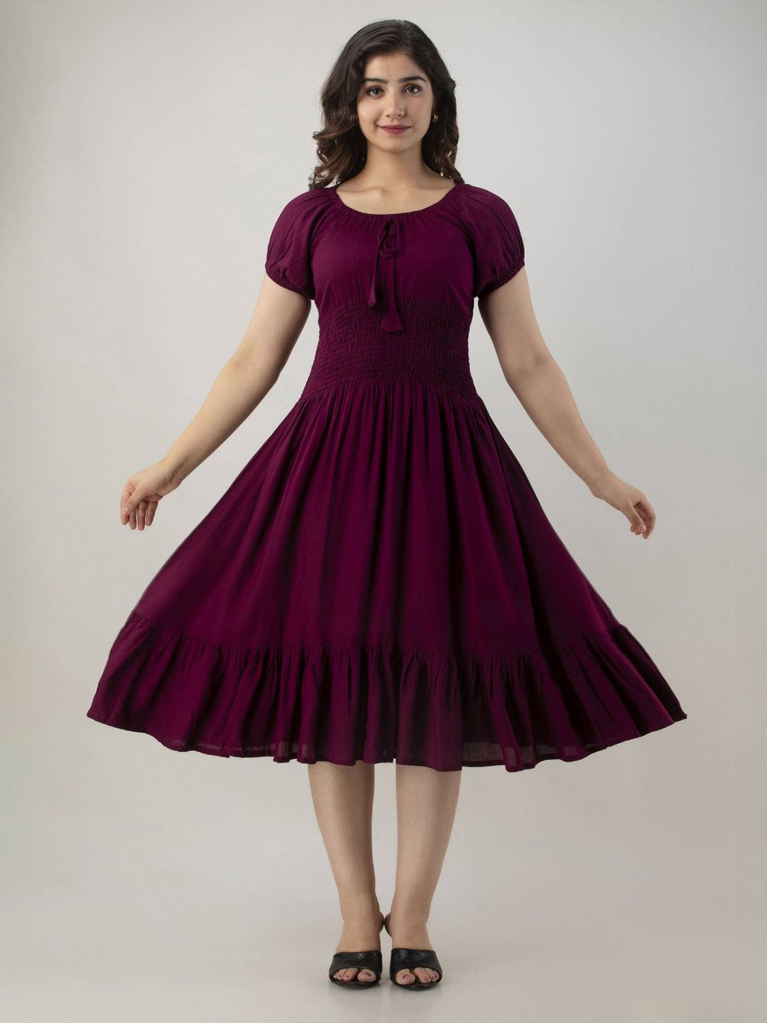 Fashion House Enterprises Tiered Puff Sleeve Fit & Flare Midi Dress