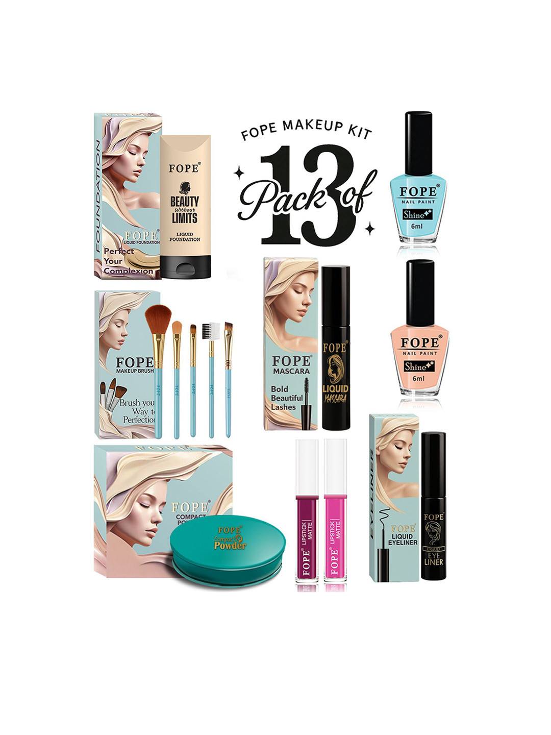 FOPE Set Of 13 Foundation, Compact, Nail Polish, Mascara, Kajal & Makeup Brush Set