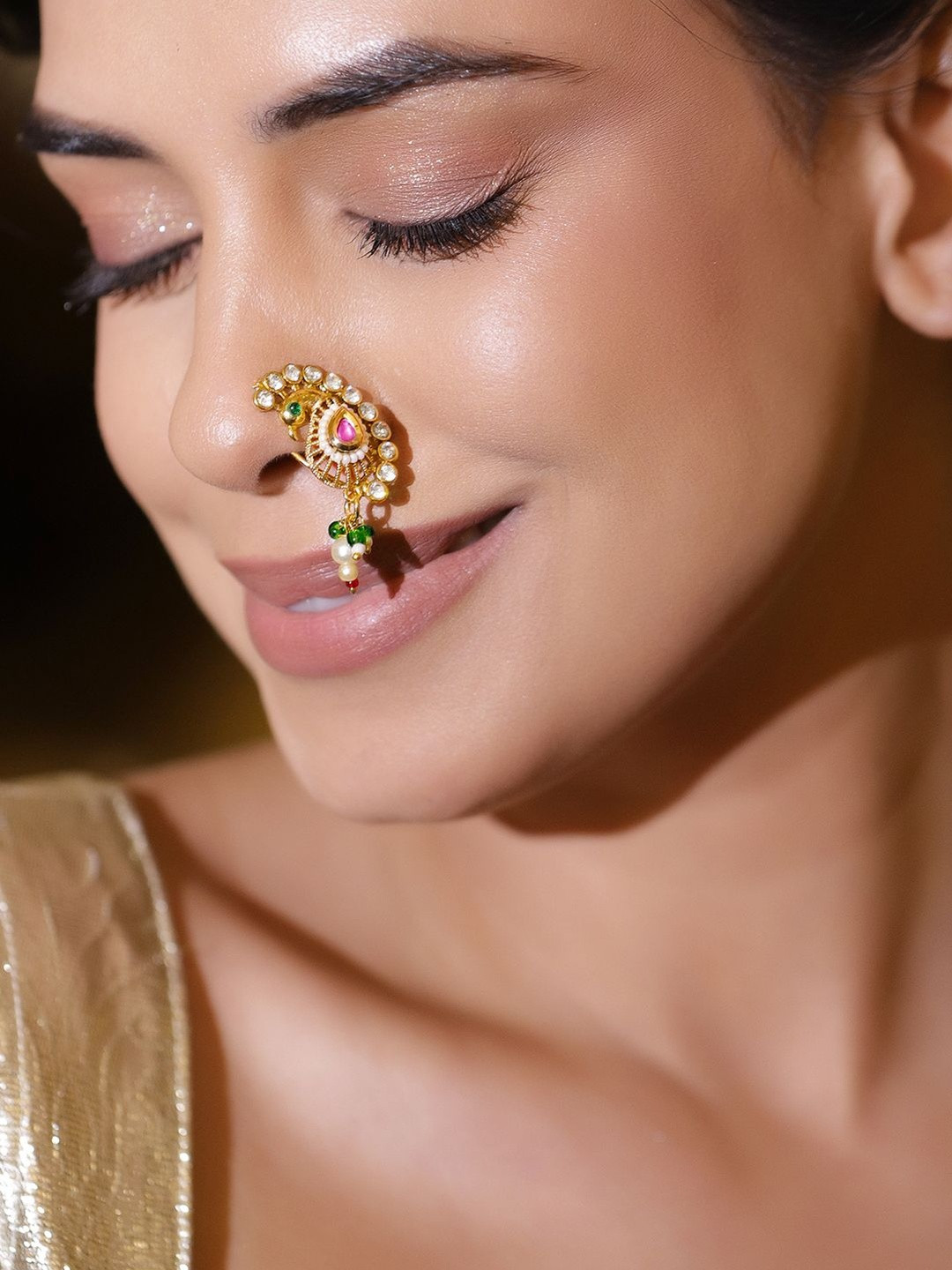 Rubans 22K Gold-Plated Kundan Studded Stud Nosepin
