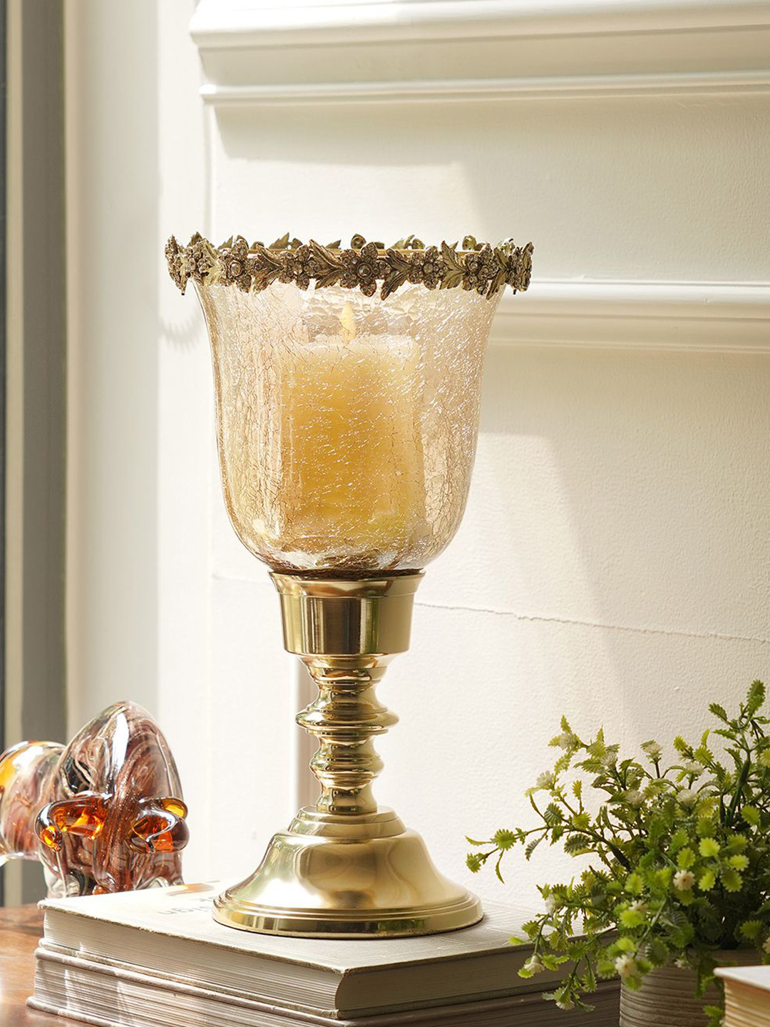 Pure Home and Living Gold-Toned Crackled Tall Glass Candle Holder