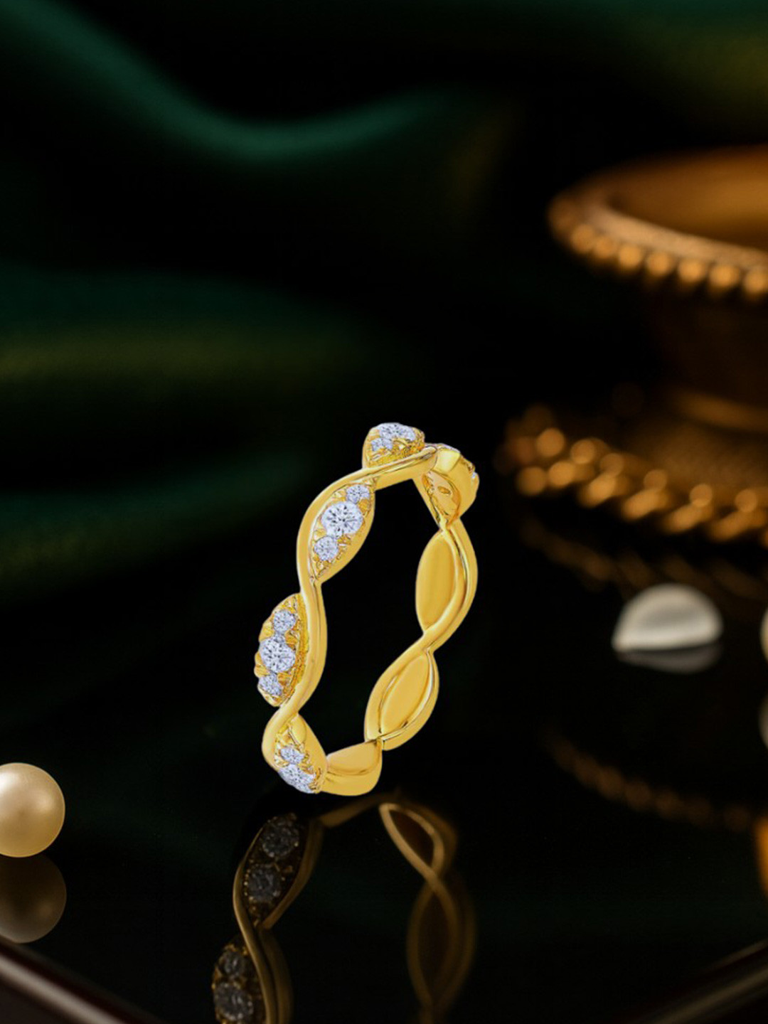 Nipura 925 Sterling Silver Gold-Plated CZ Studded Finger  Twisted Wave Ring