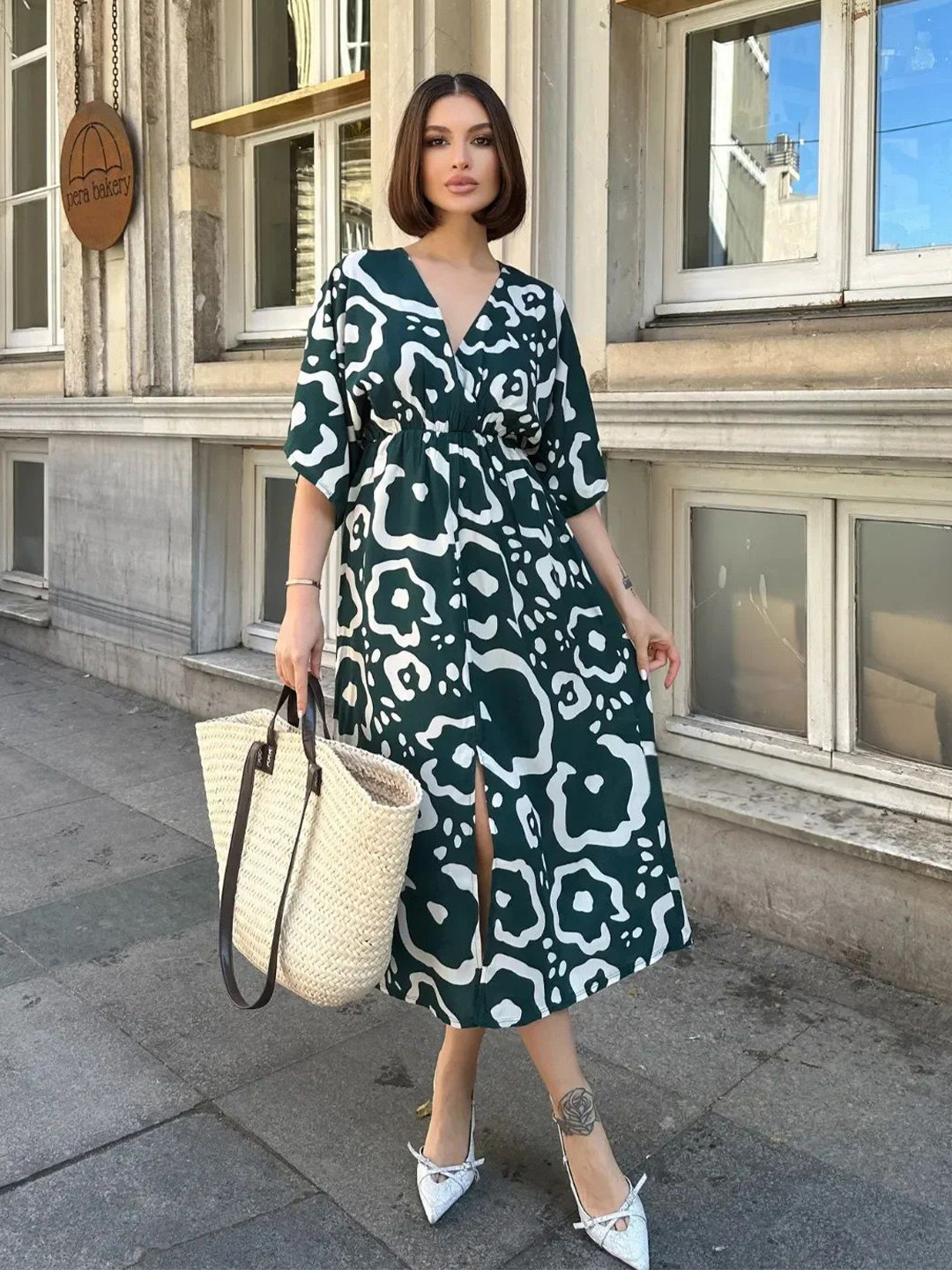 PIMU Women Abstract Printed V-neck Kimono Sleeve Kaftan Midi Dress