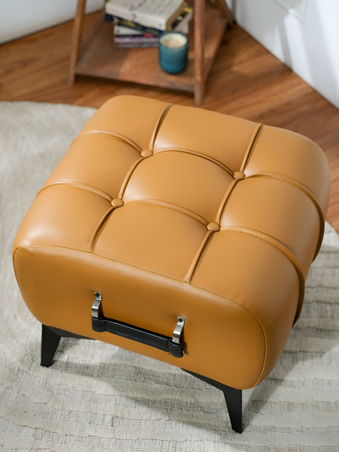 THREADVIBE LIVING Tan-Brown & Black Self-Designed Tufted Ottoman With Handle