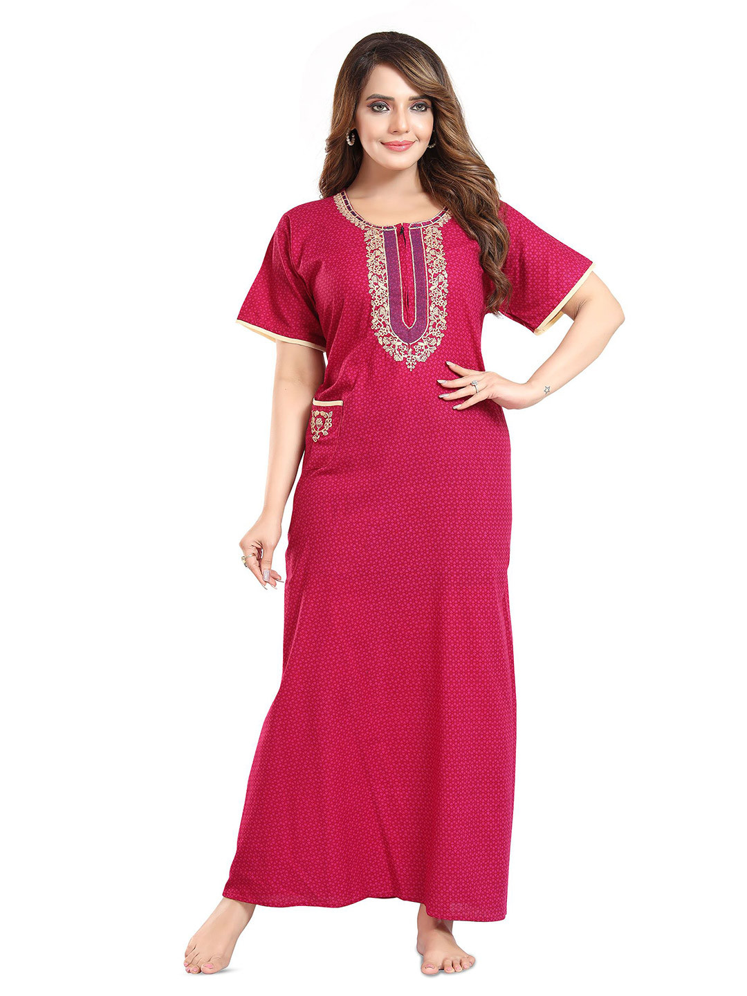 Lady Venom Women Pure Cotton Embroidered Maxi Nightdress