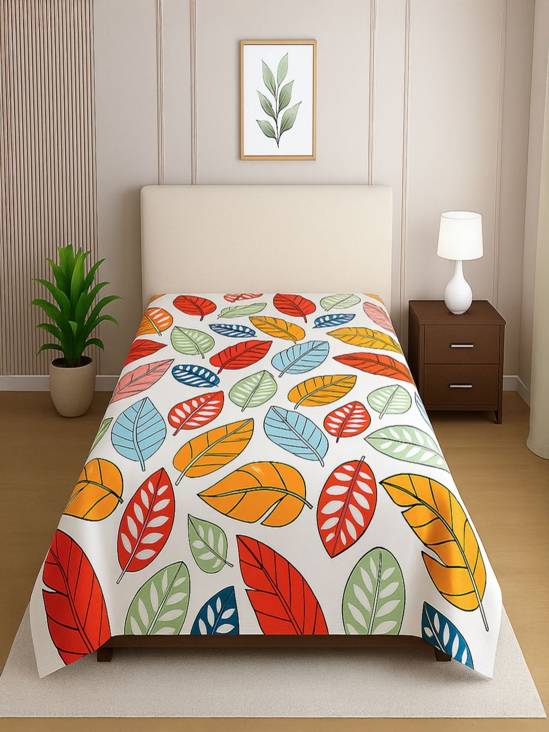 Threadwear Orange & Red Floral 210 TC Single Bedsheet with Pillow Covers