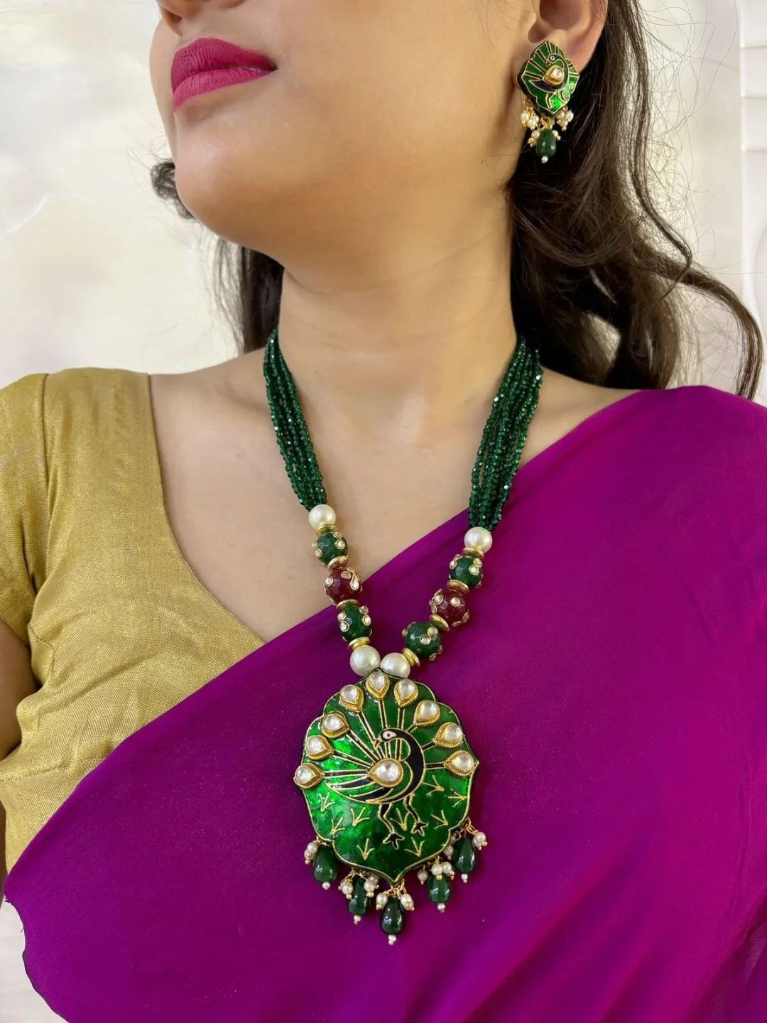 Gehna By Beadazzled Gold Plated Peacock Design Necklace Set