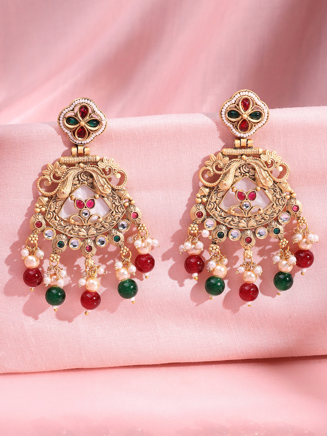 ADIVA 22K Gold-Plated Kundan Studded & Glossy Multi-coloured Pearl Drops Designer Chandbali Earrings