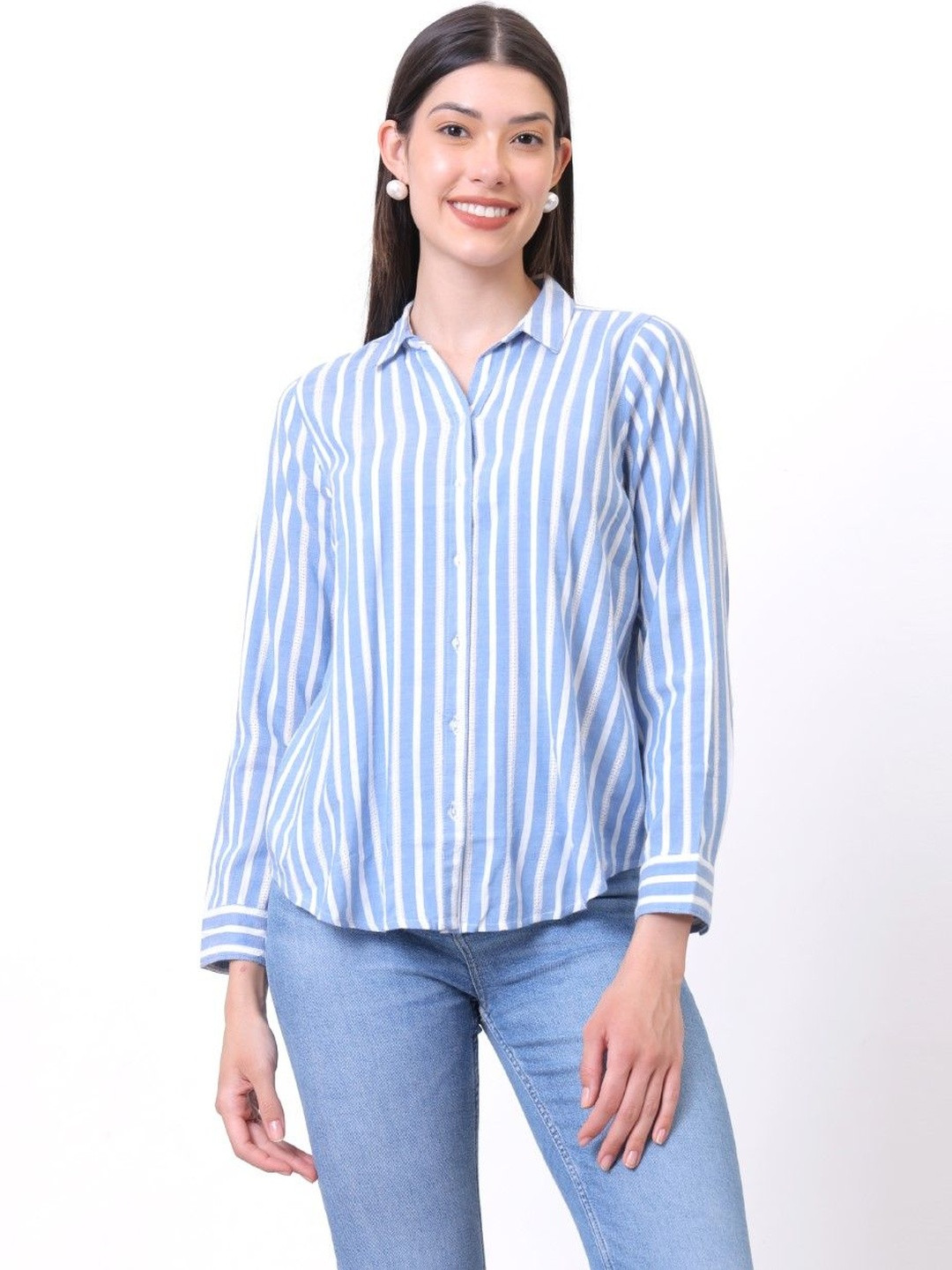 Sold For Style Women's Vertical Striped Spread Collar Cotton Shirt
