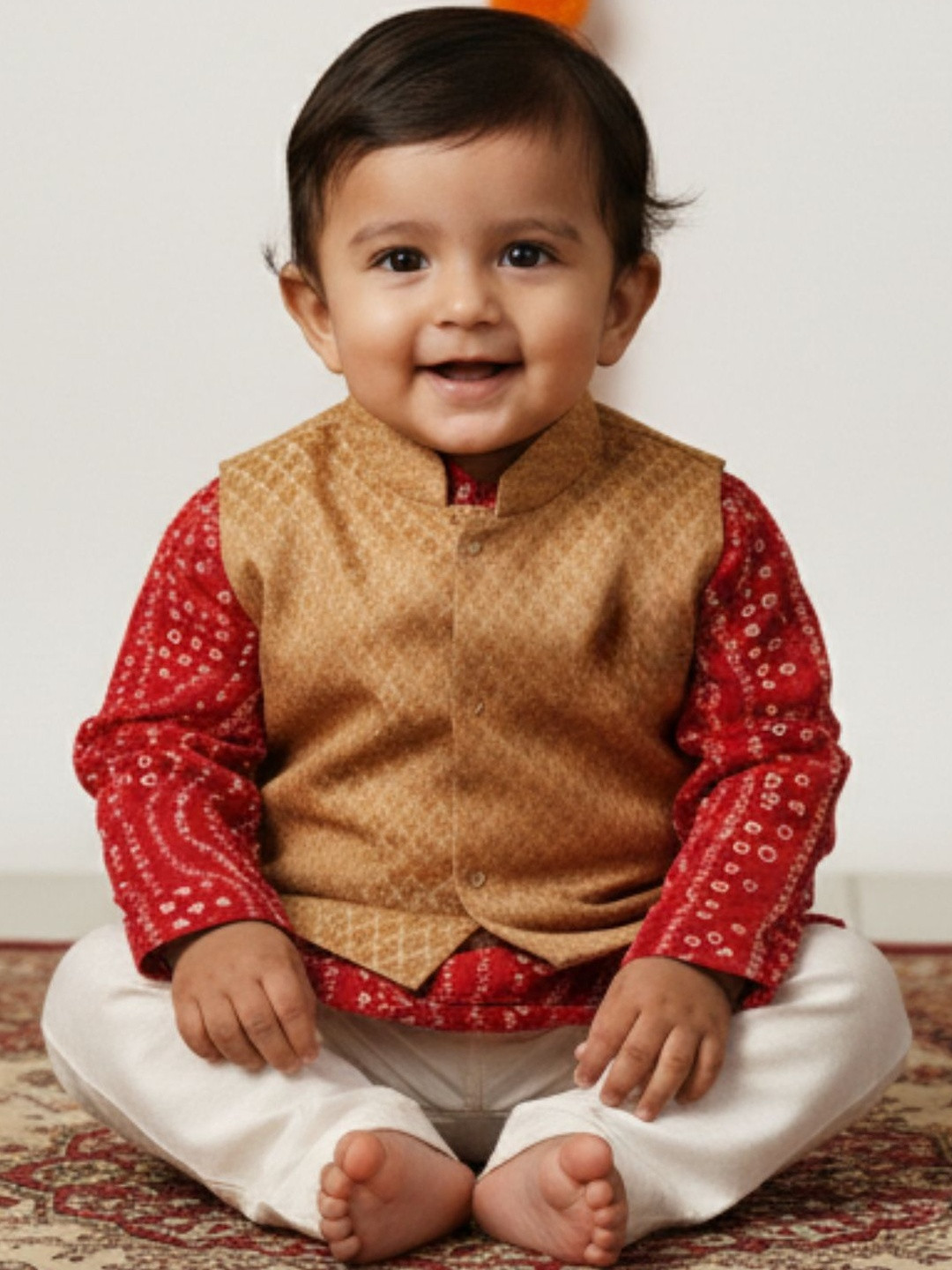 Sangria Boys Bandhani Kurta Pant Set With Waistcoat