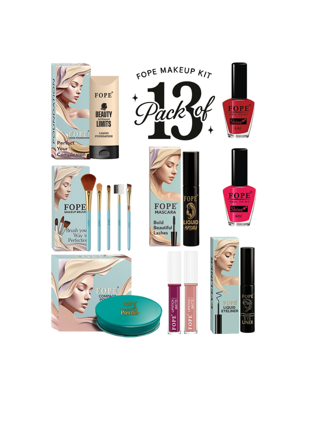 FOPE Set Of 13 Foundation, Compact, Nail Polish, Mascara, Kajal & Makeup Brush Set