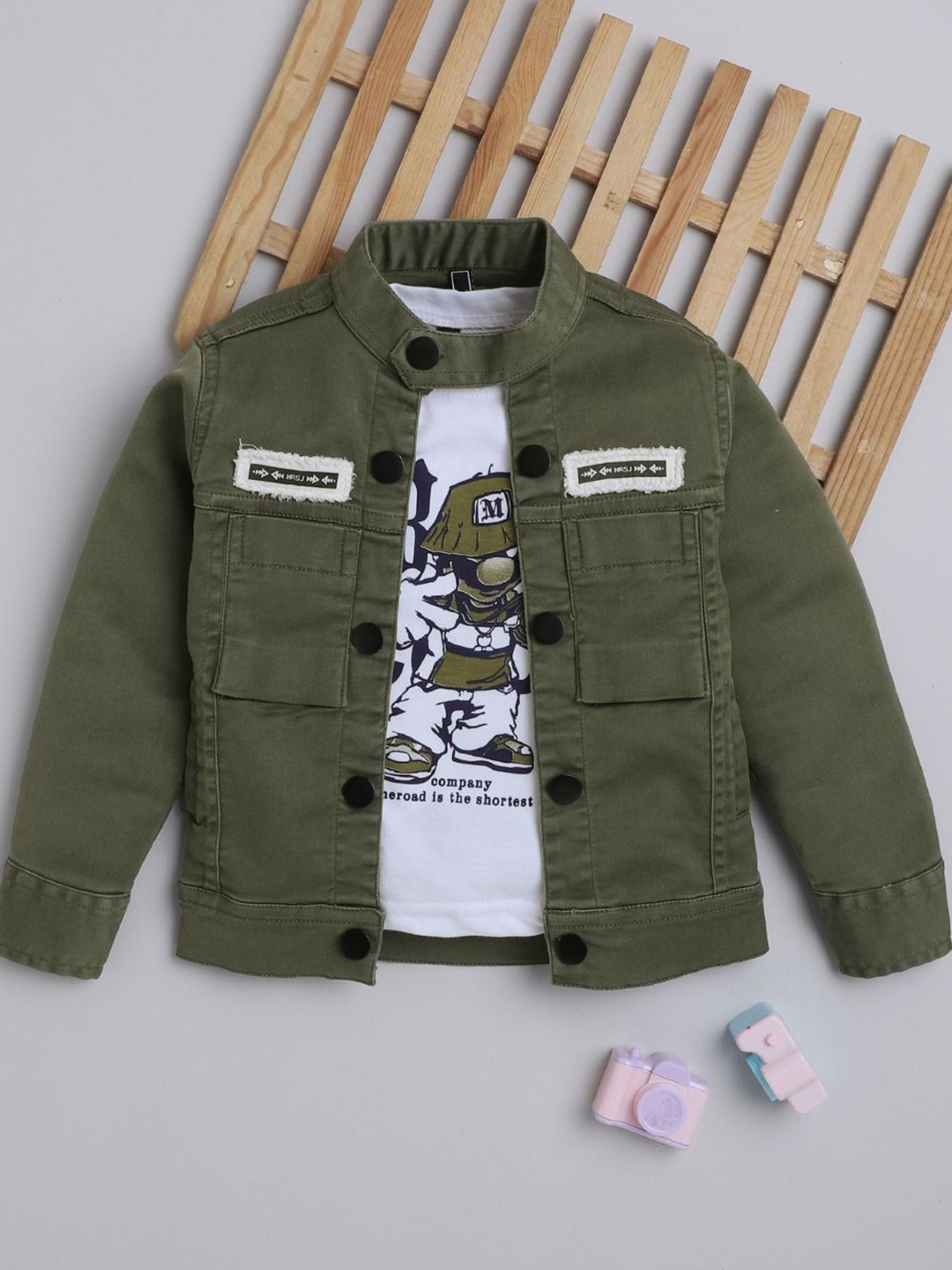 Ministitch Boys Solid Mandarin Collar Lightweight Denim Jacket With T-shirt