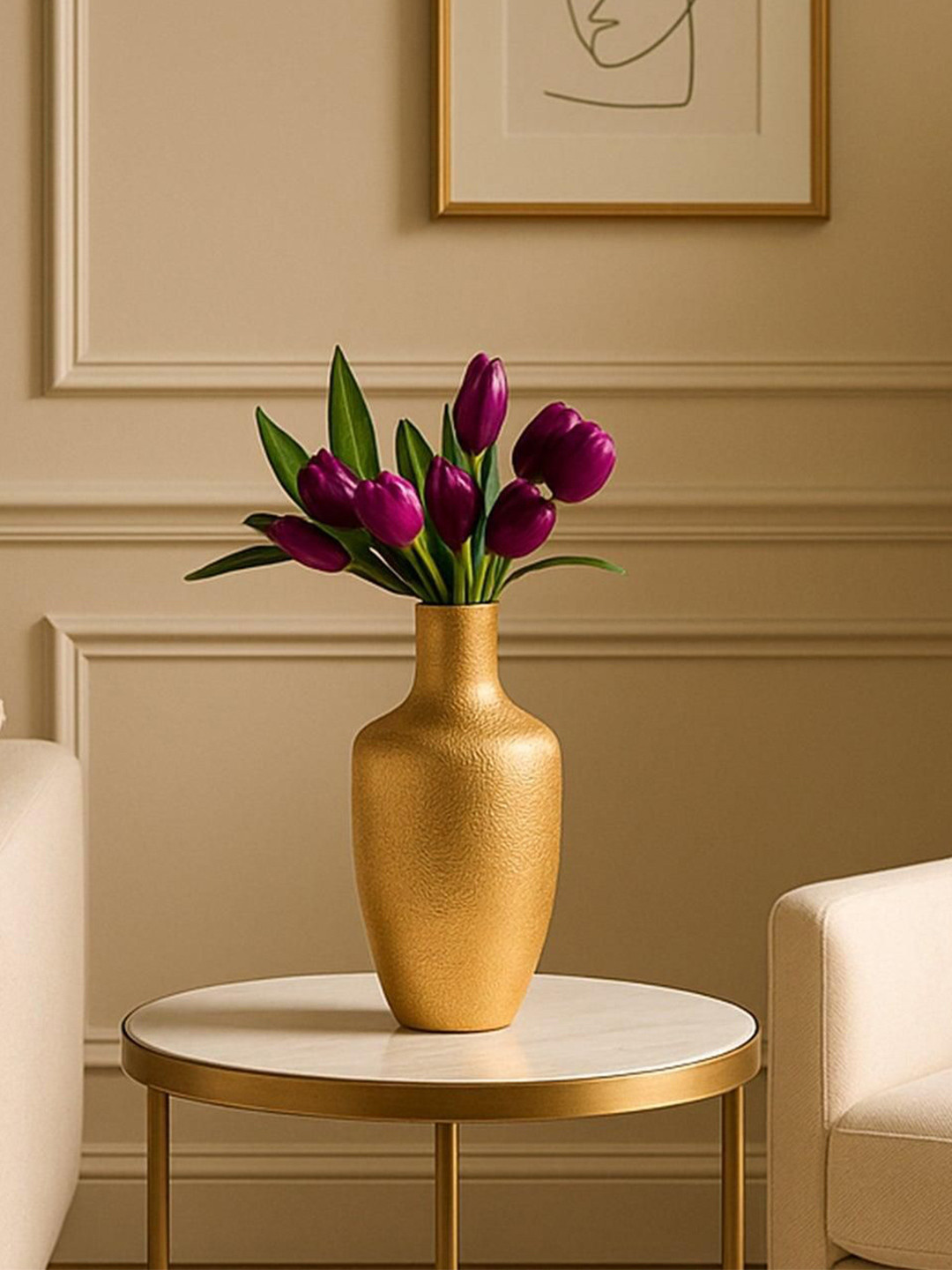 MARKET99 VON CASA Gold Toned Surahi-Shaped Metal Big Flower Vase