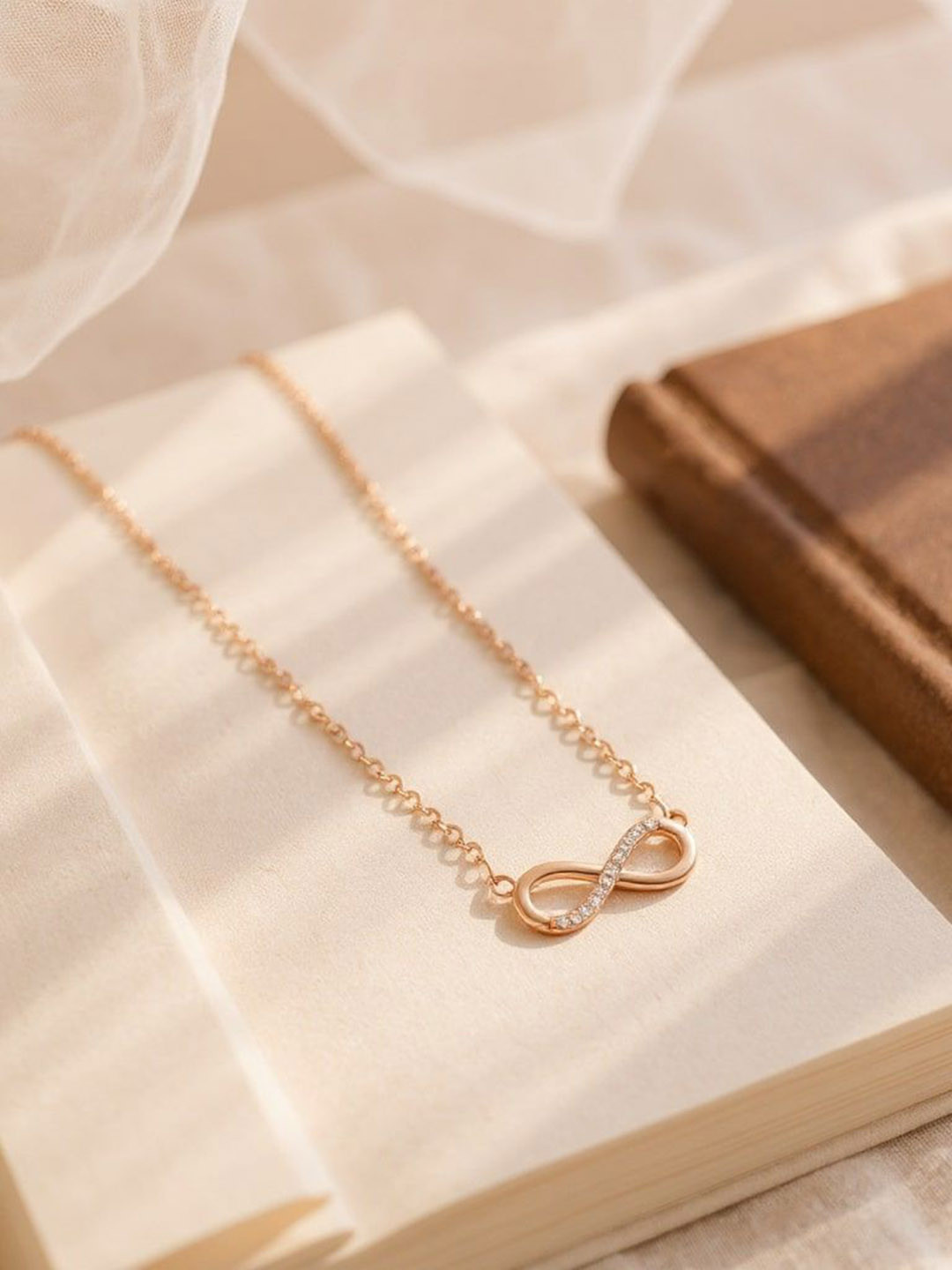Nilu's Collection Rose Gold-Plated American Diamonds Studded Infinity Necklace With Chain