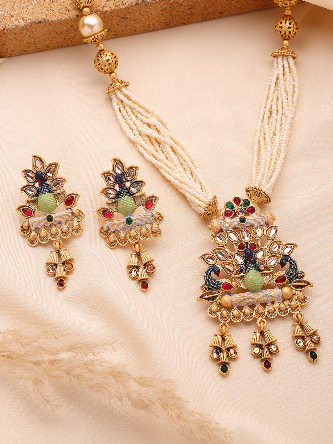 ADIVA 22K Gold-Plated Kundan Studded And Artificial Beaded Meenakari Jewellery Set