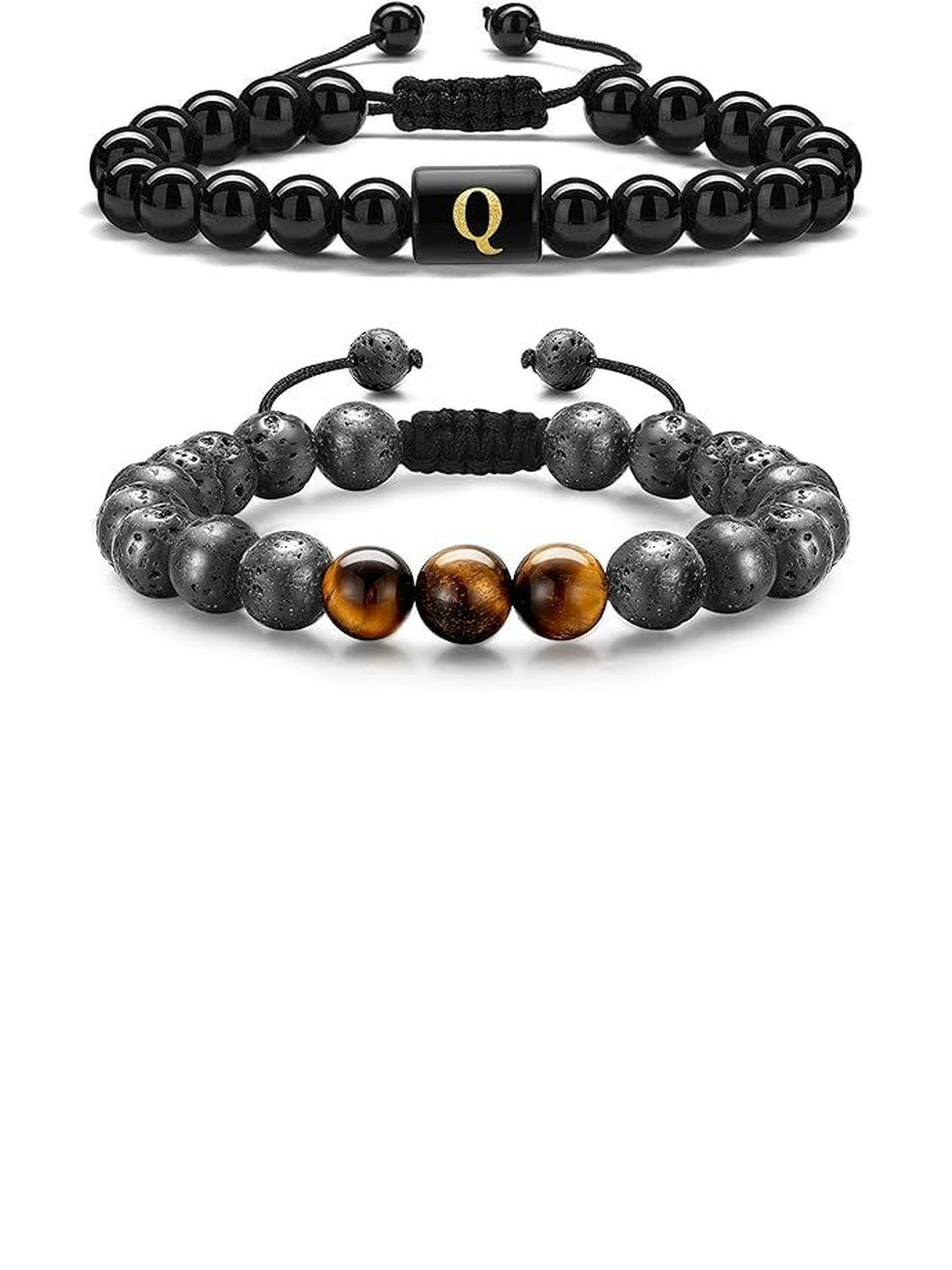 EDMIRIA Set Of 2 Unisex Ceramic Elasticated Lava Rock & Tiger Eye Bracelet