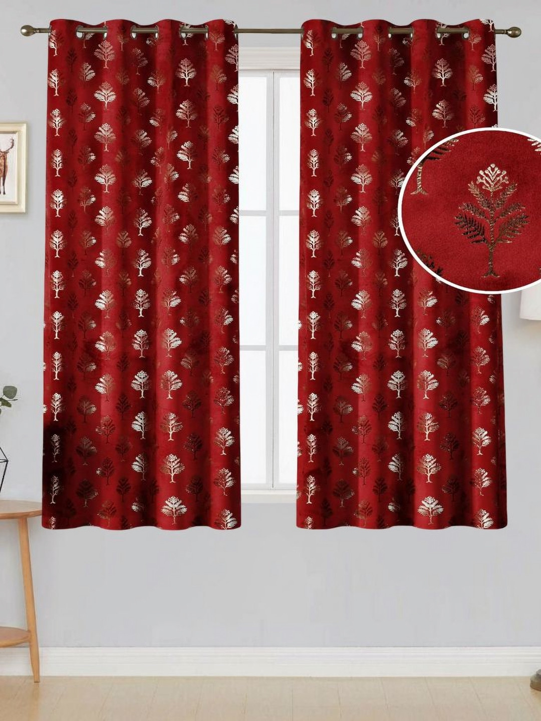 Aura Maroon & Gold-Toned 2 Pieces Floral Room Darkening Windows