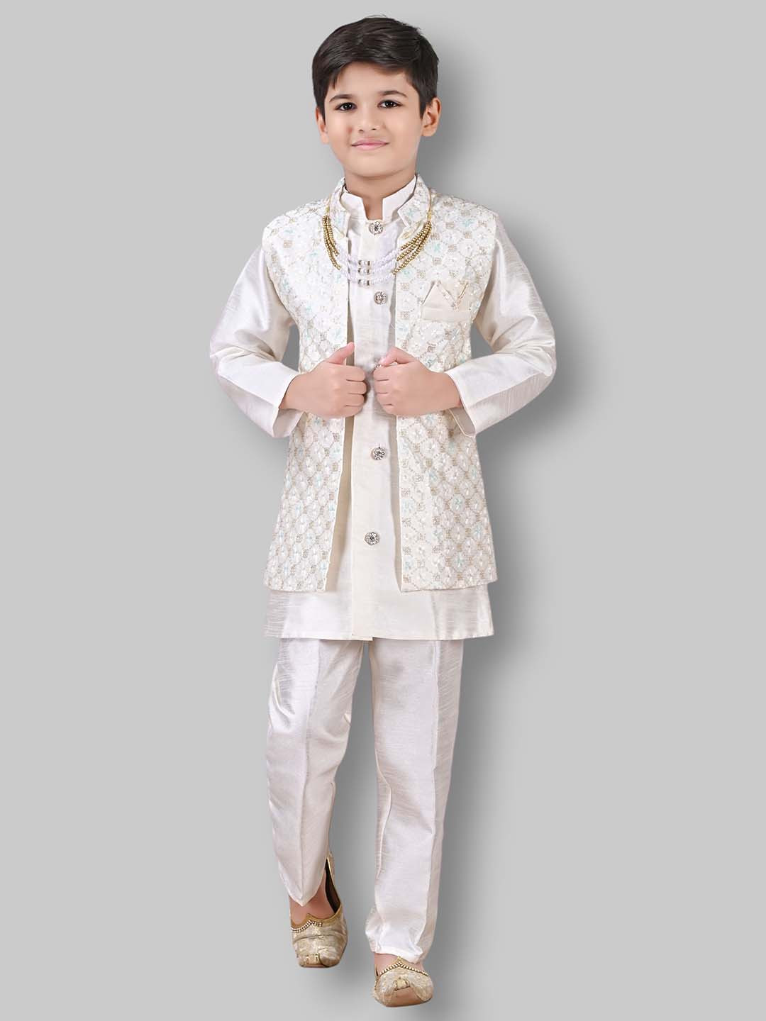 SUPER ART CREATION Boys Sequinned Ethnic Motifs Printed Kurta with Trousers & Waistcoat
