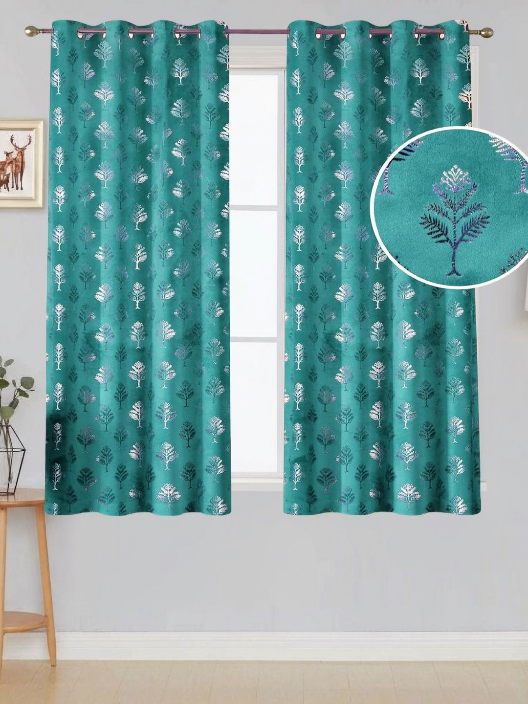 Aura Blue & Silver-Toned 2 Pieces Floral Velvet Room Darkening Windows