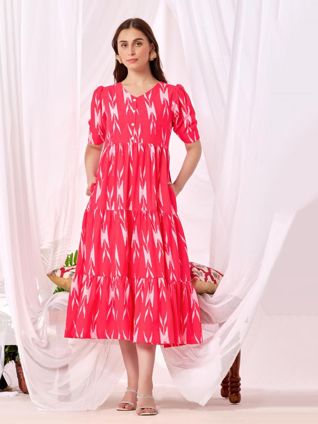 Ethniclook Women Ikat Printed Tiered Fit & Flare Midi Dress