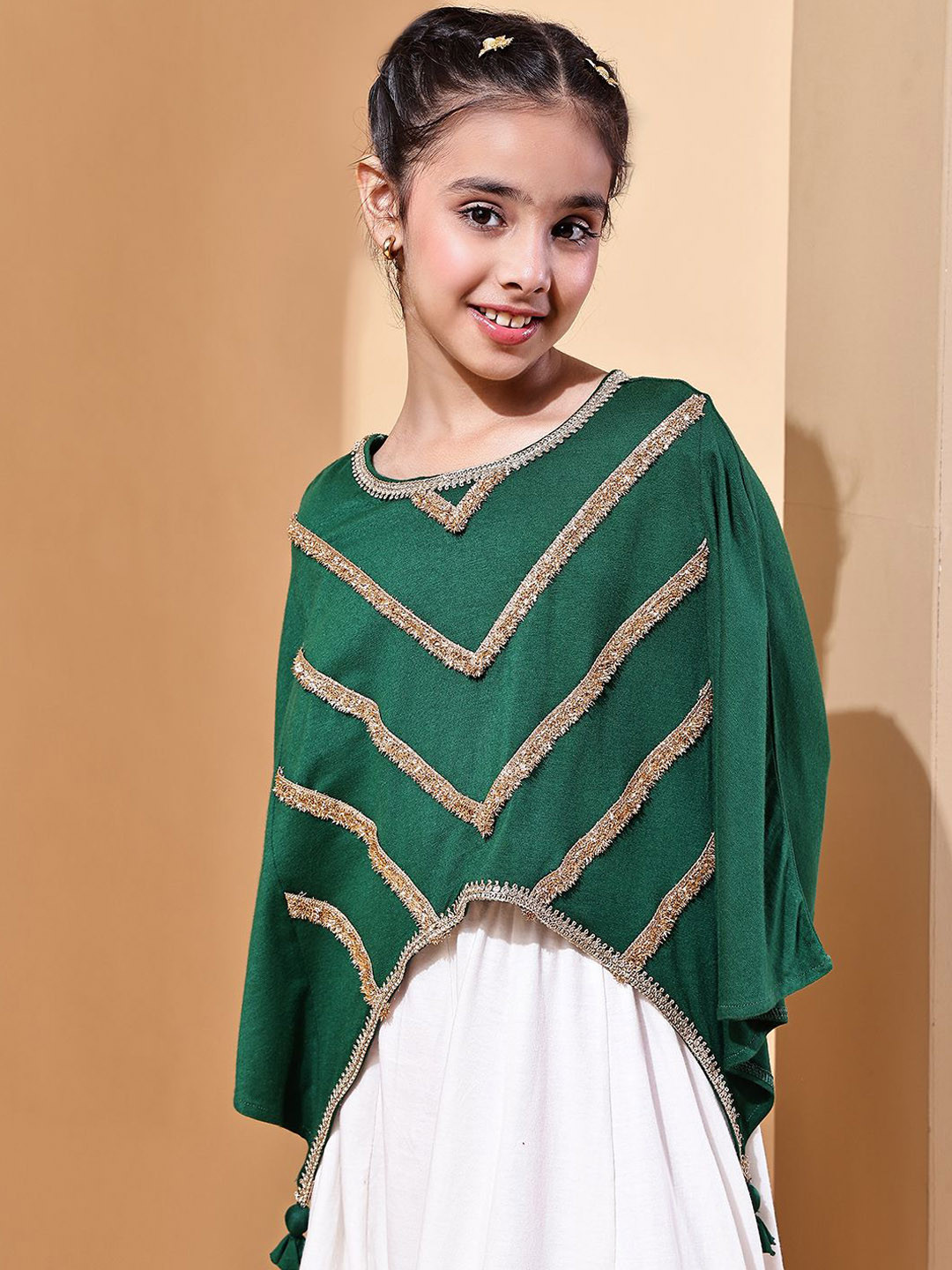 Baawri Girls Self Design Round Neck Regular Kaftan Tops with Golden Accents