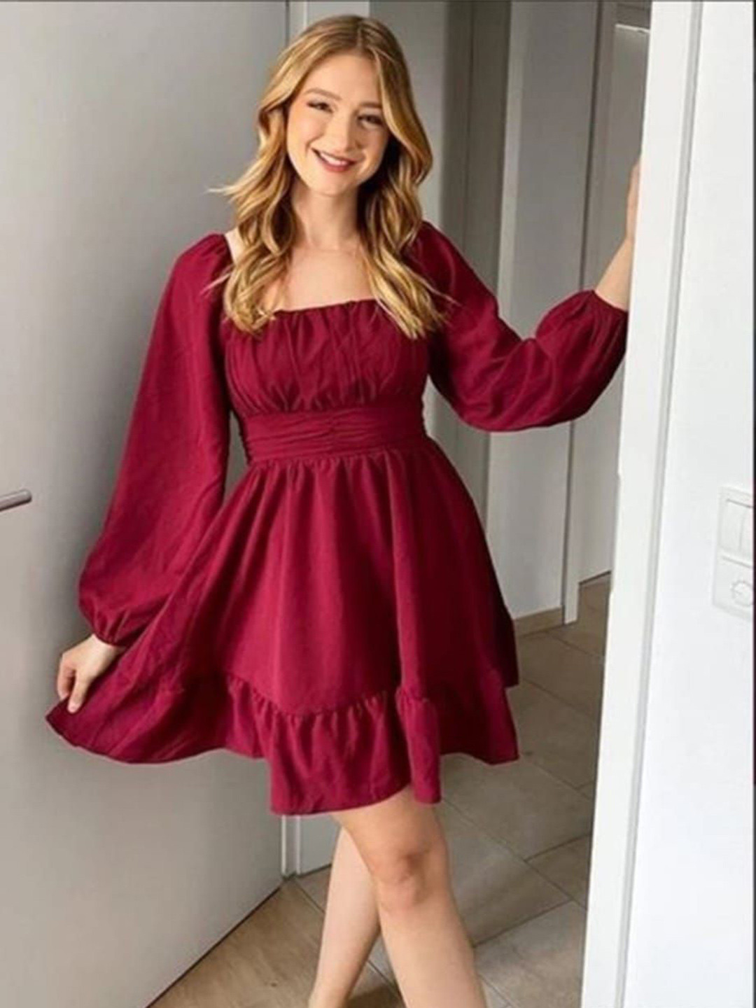 HIMAKSH COLLECTION Women Square Neck Ruched Puff Sleeves Cotton Fit & Flare Dress