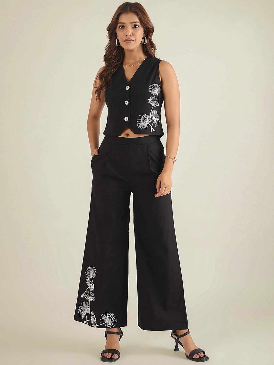 WineRed Embroidered Sleeveless V-Neck Pure Cotton Waistcoat With Trouser
