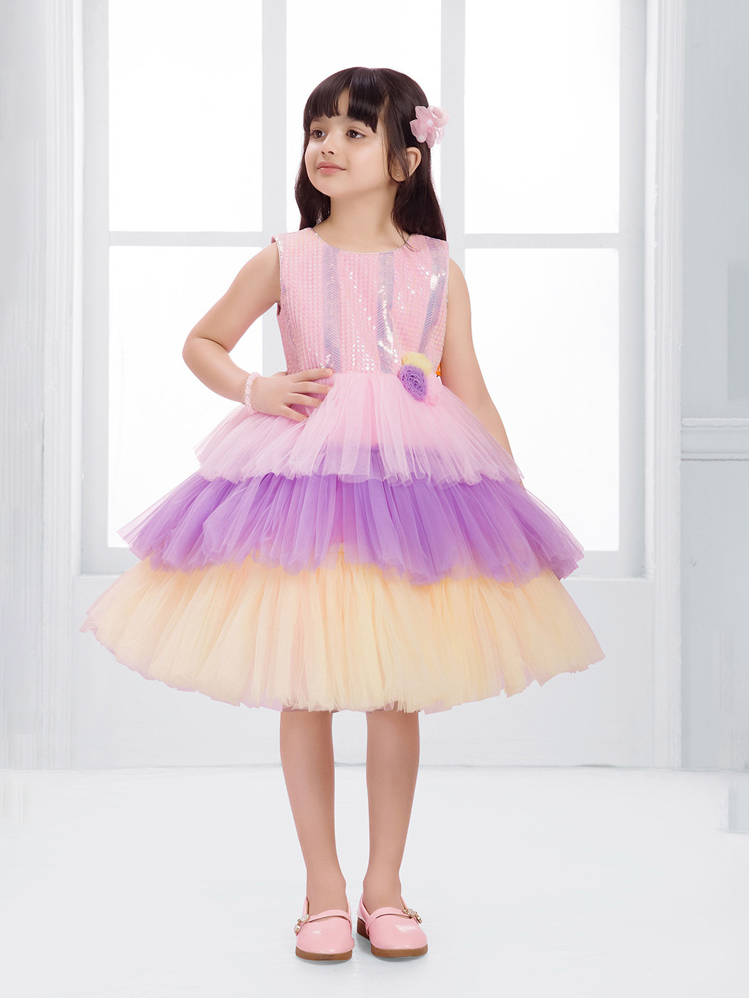 Ministitch Girls Embellished Sequence Layered Net Fit & Flare Dress