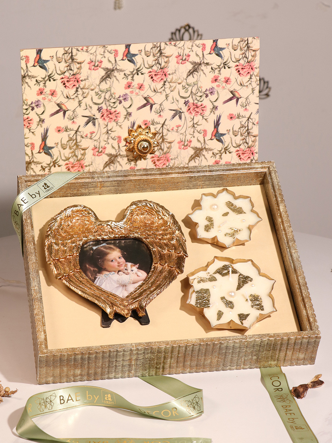 Art Street Heart Shape Photo Frame with Urli Diya Mdf Diwali Gift Hamper Box