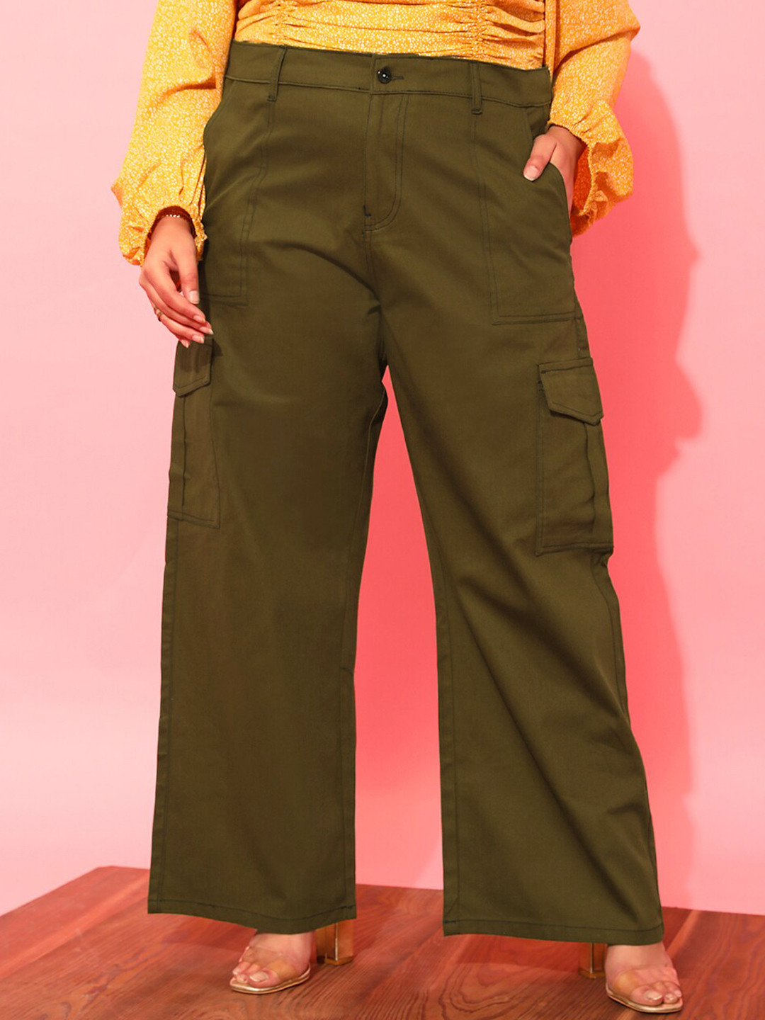 CURVY STREET Women Plus Size Relaxed Straight Leg Pure Cotton Trousers