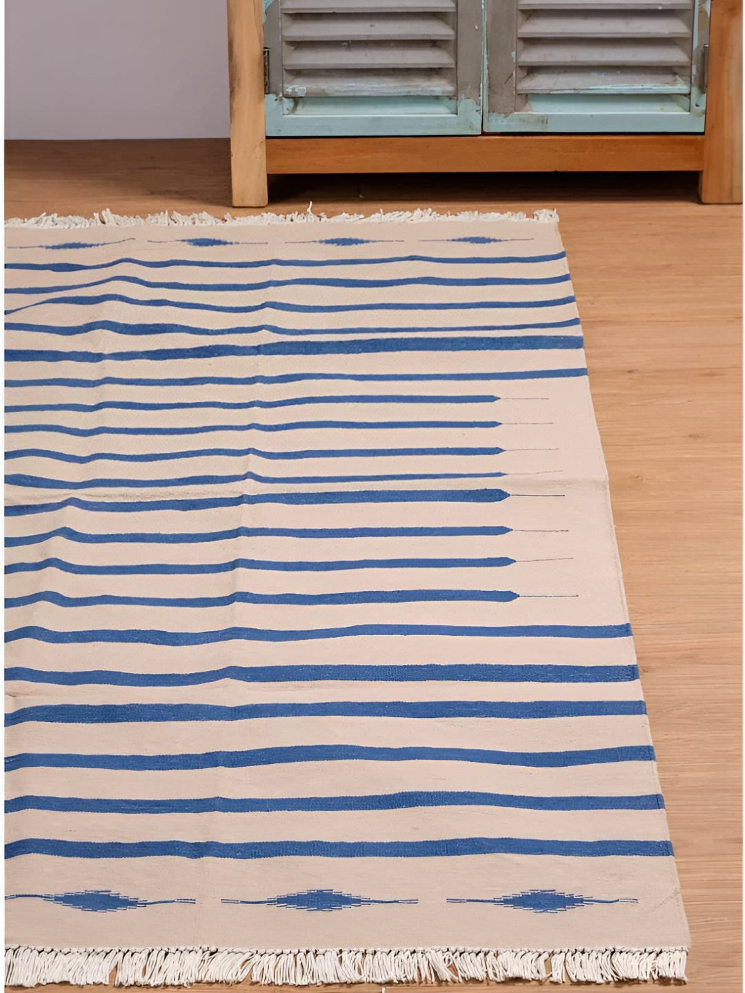 FREEDOM TREE Beige & Blue Scandi Stripe-Patterned Pure Cotton Rectangular Rug