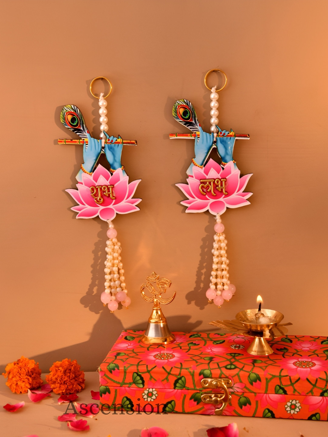 Ascension Pink & Blue Murli Shubh Labh Set With Om Bell Diya In Gift Box