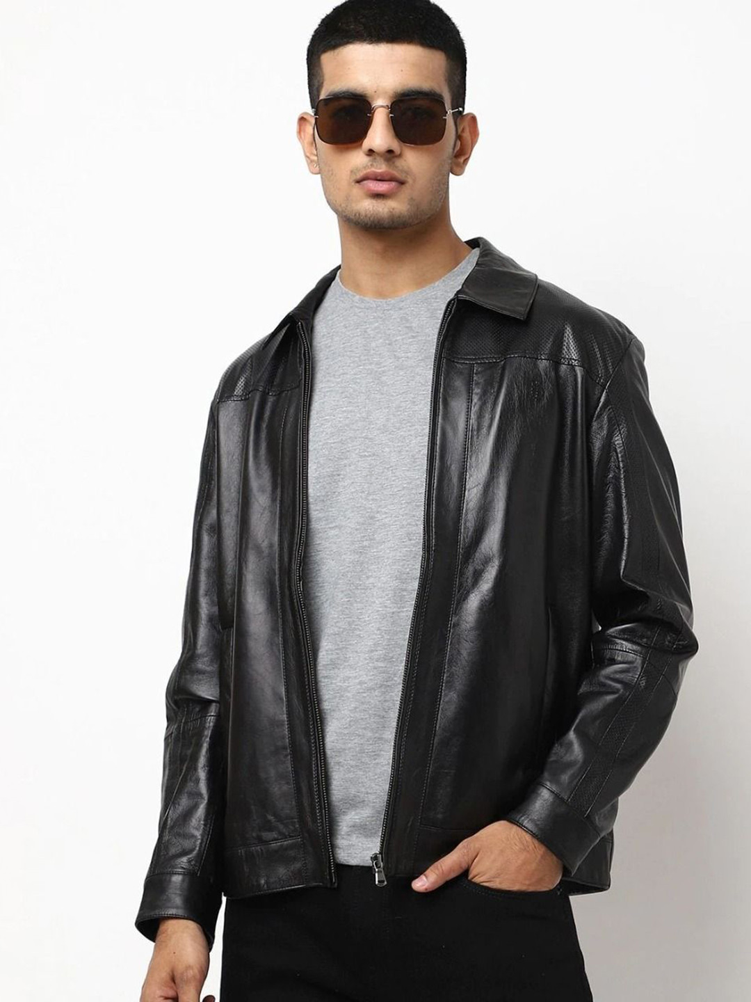 Tortoise Spread Collar Leather Lightweight Biker Jacket