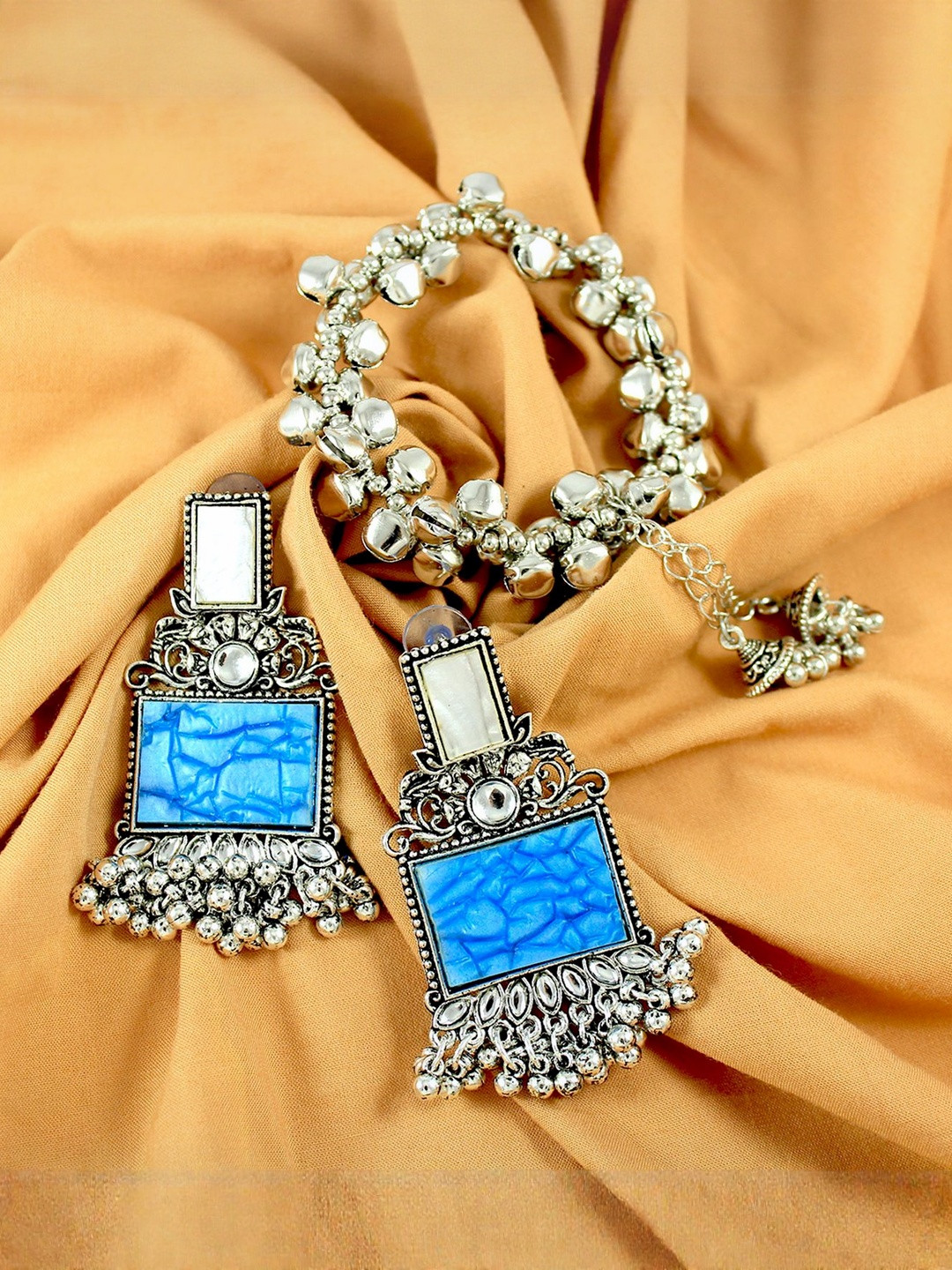 JFL - JEWELLERY FOR LESS Oxidised Kundan Studded Brass Bracelet and Earrings