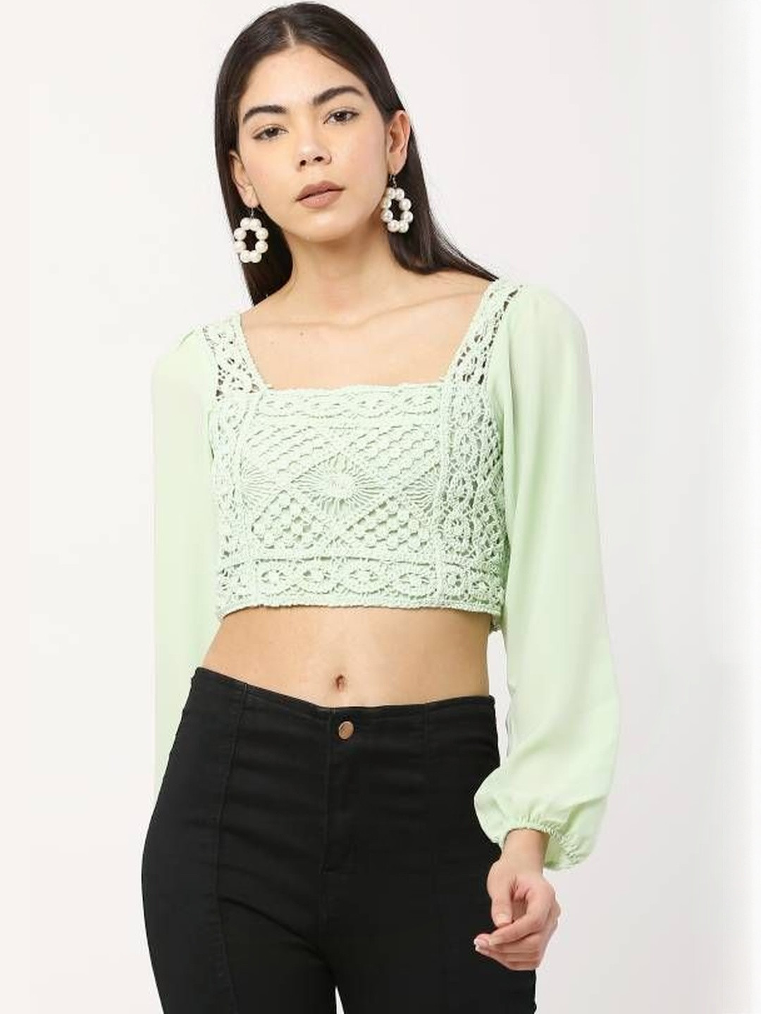 MUMRAA Women Embellished Georgette Crochet Crop Top