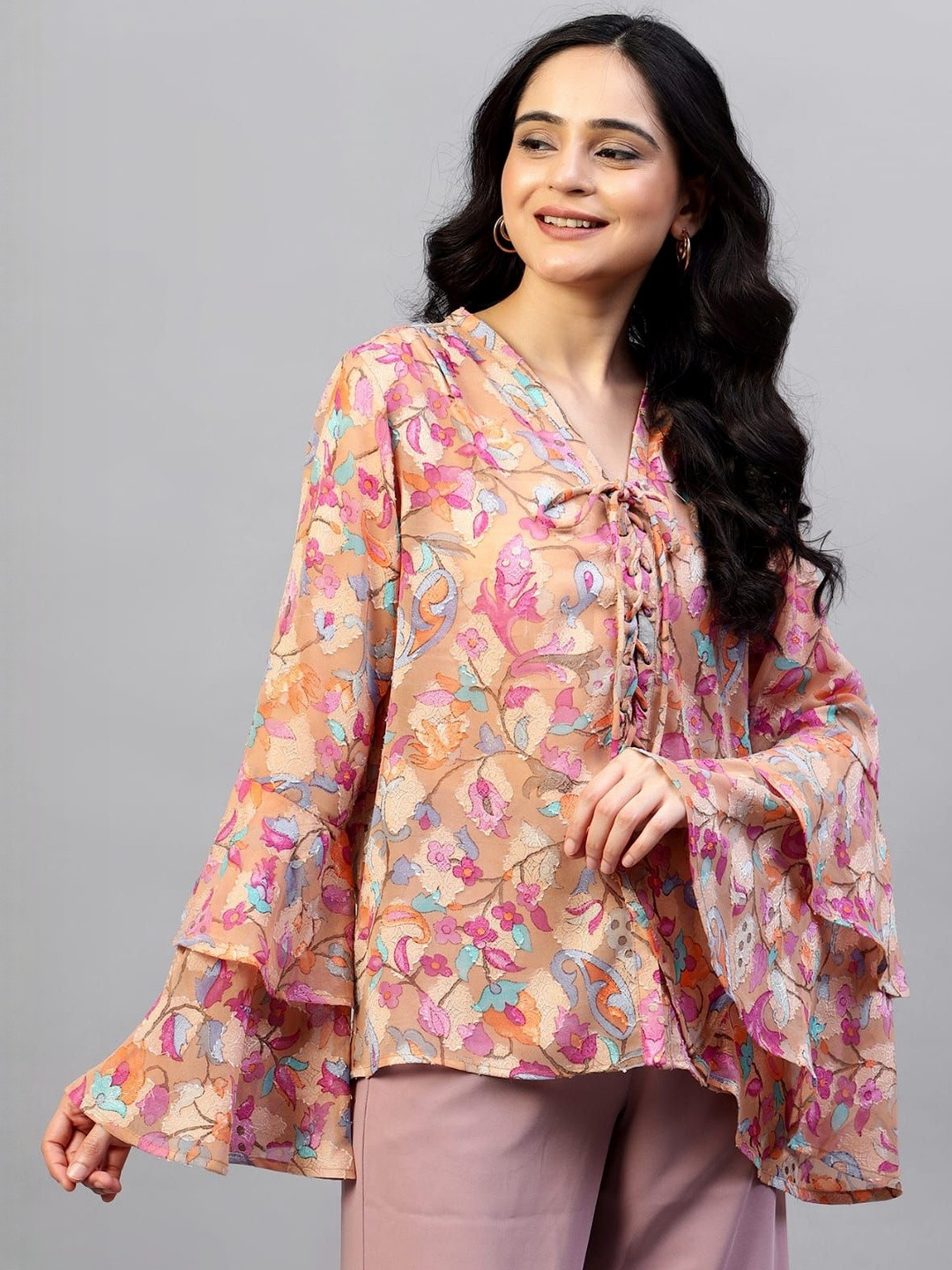 irtiqa Women Floral Print Bell Sleeve Top