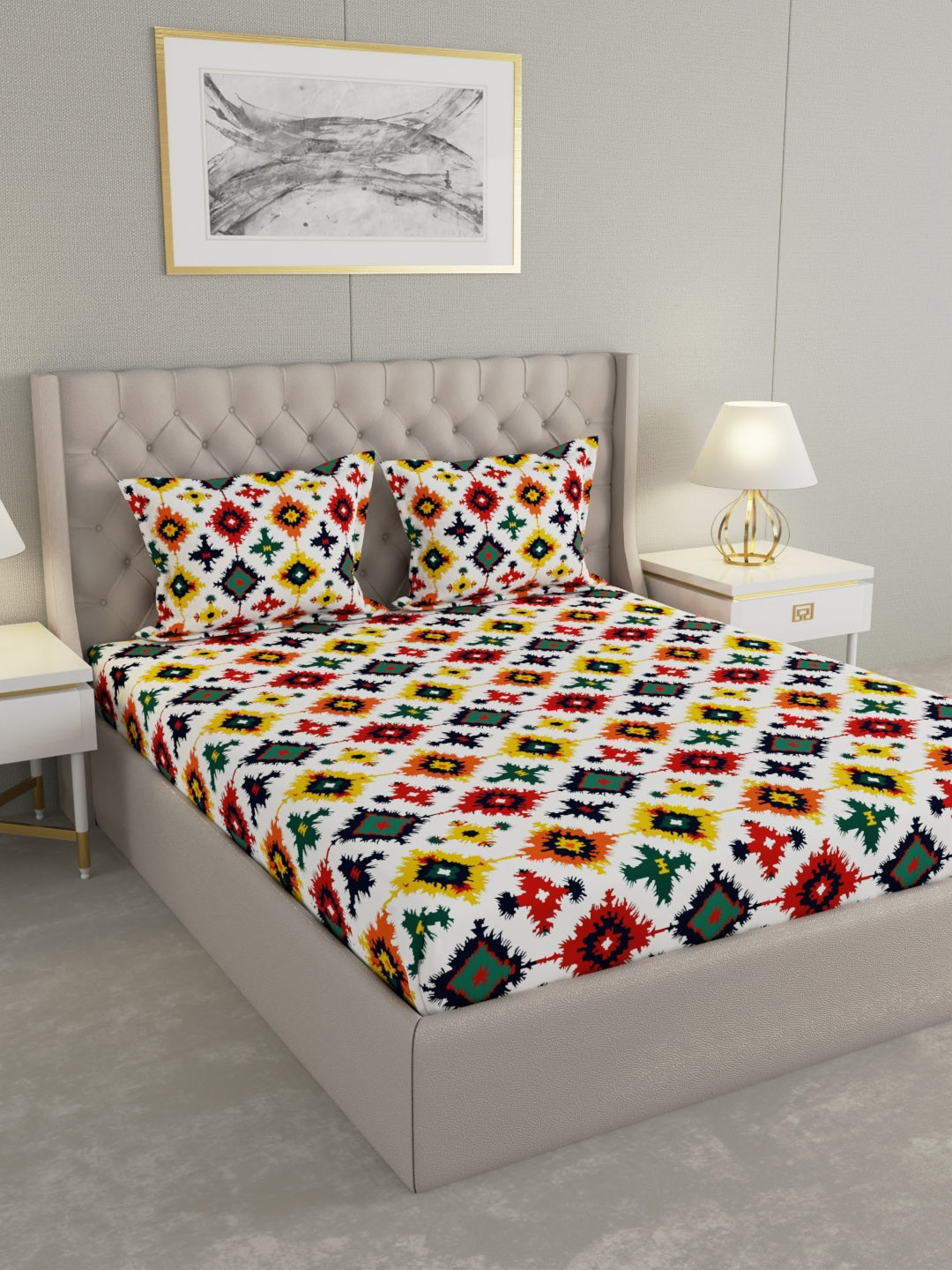 Raymond Home White & Red Ethnic Motifs 100TC Double Queen Bedsheet Set 2.25 m x 2.50 m