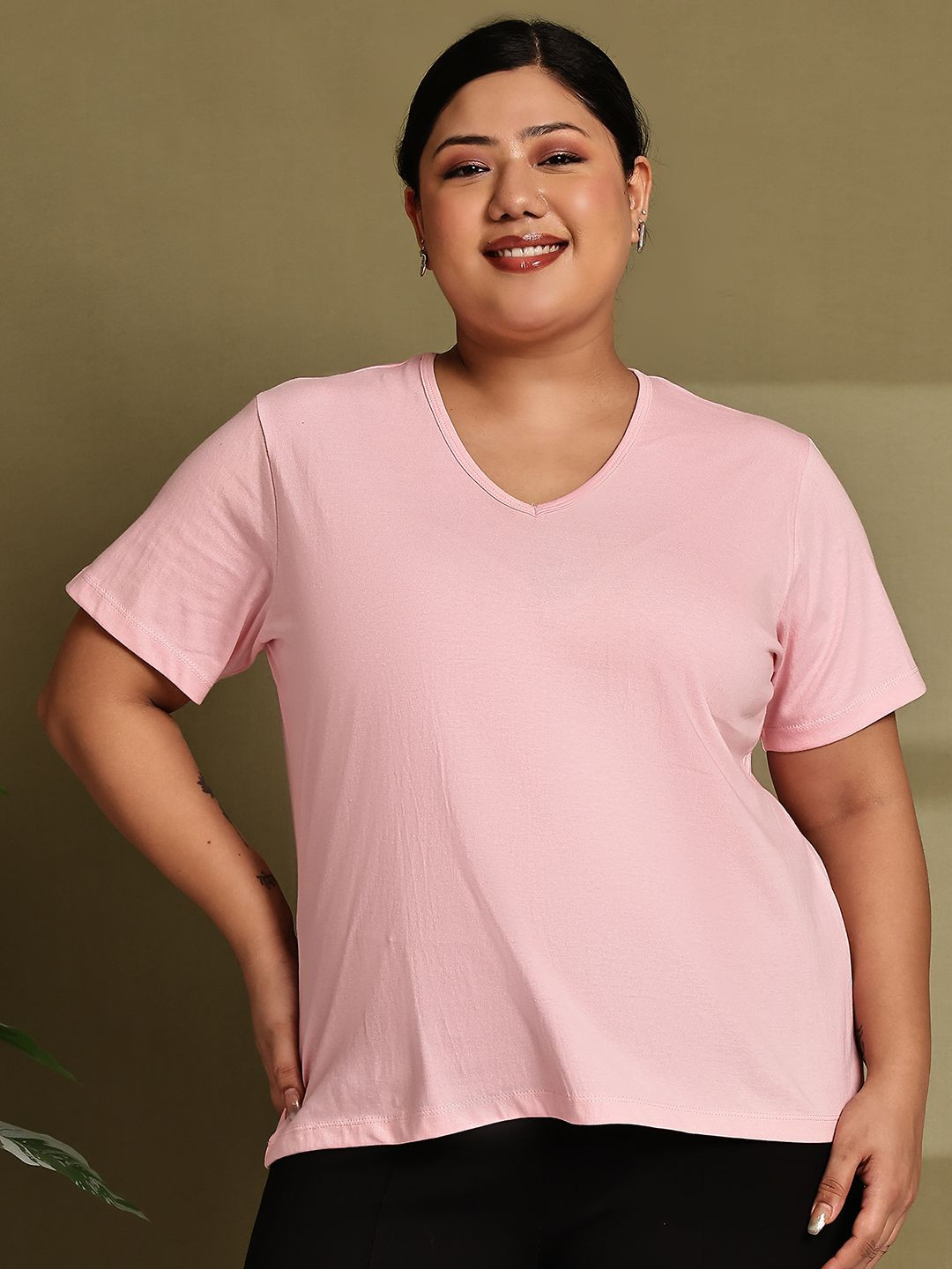 Rute Women Plus Size Solid V-Neck Cotton T-shirt