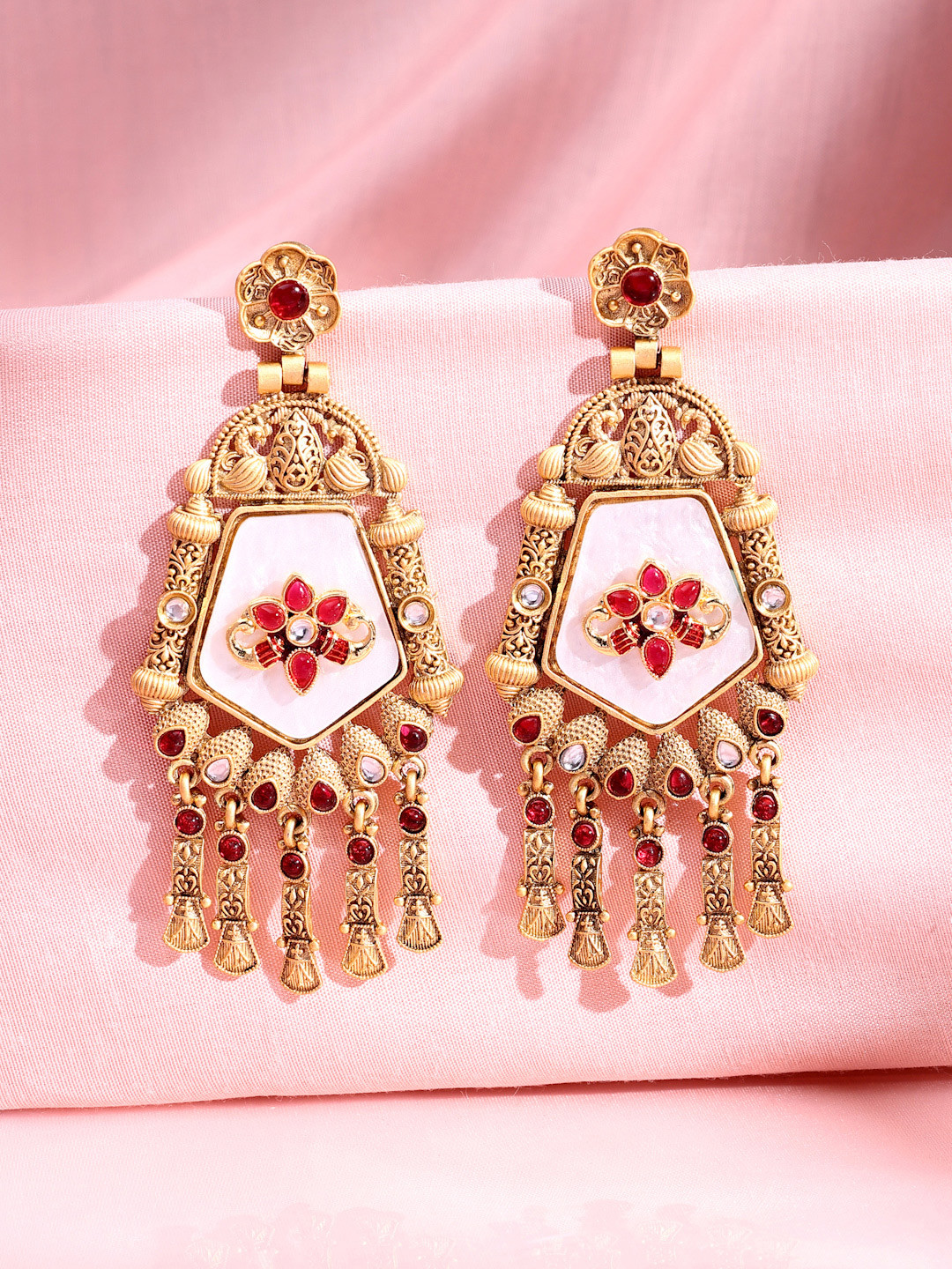 ADIVA 22K Gold-Plated Ruby And Kundan Studded Antique Floral Shaped Drop Earrings