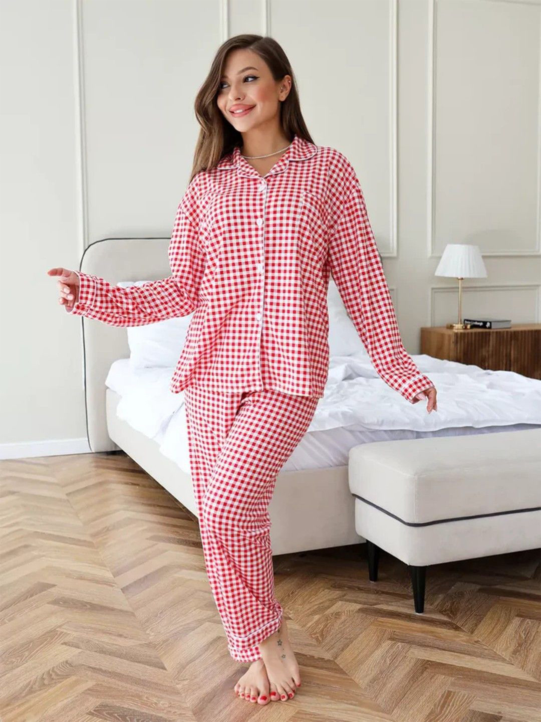 Bella Babe by SK Women Red Checkered Pure Cotton Night suit
