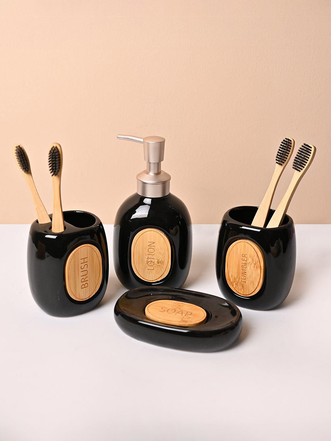 MARKET99 Black & Beige 4 Pieces Glossy Finish Ceramic Shower Holders