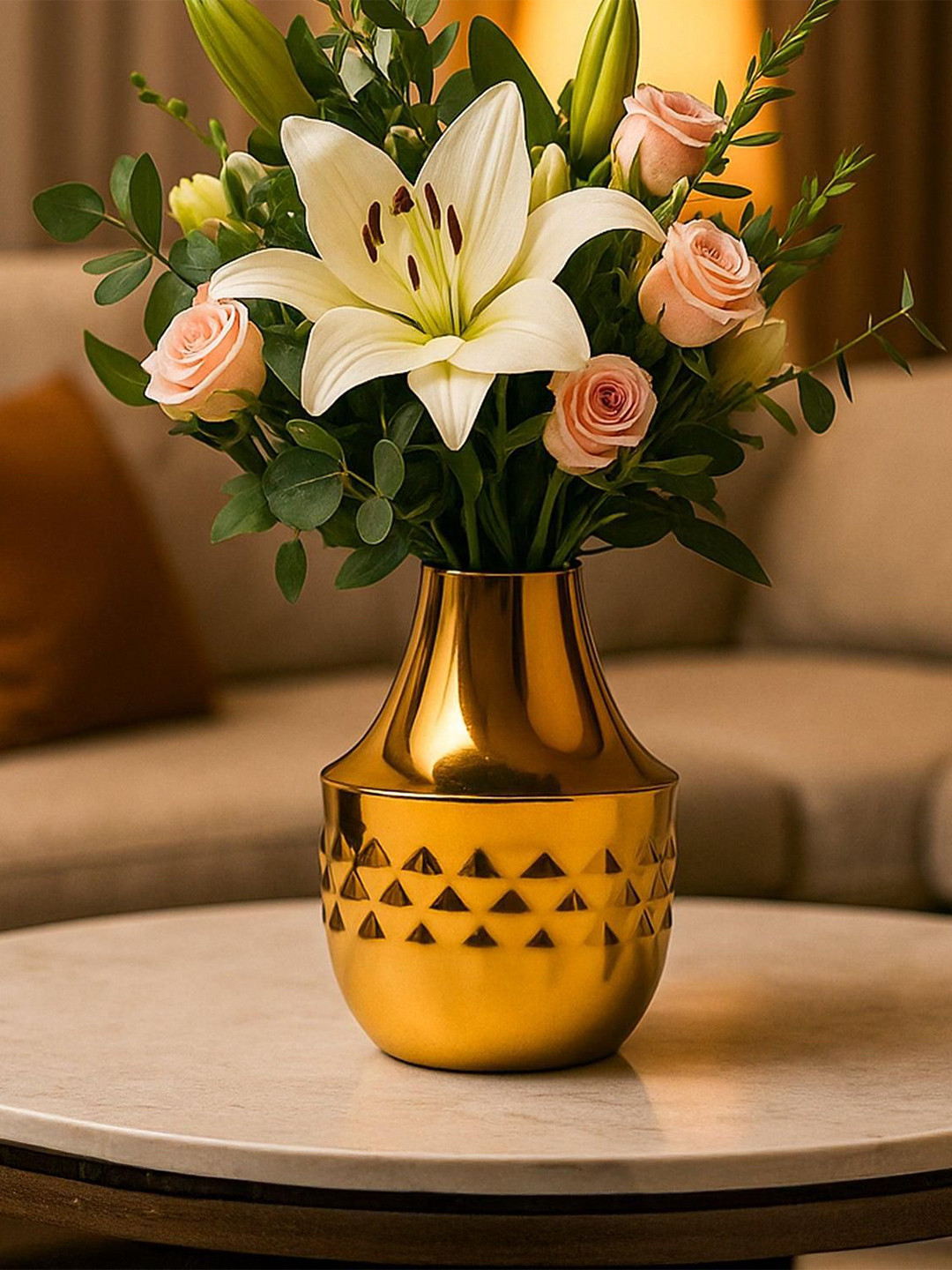 MARKET99 VON CASA Gold Toned Shiny & Diamond Pattern Metal Gourd-Shaped Flower Vase