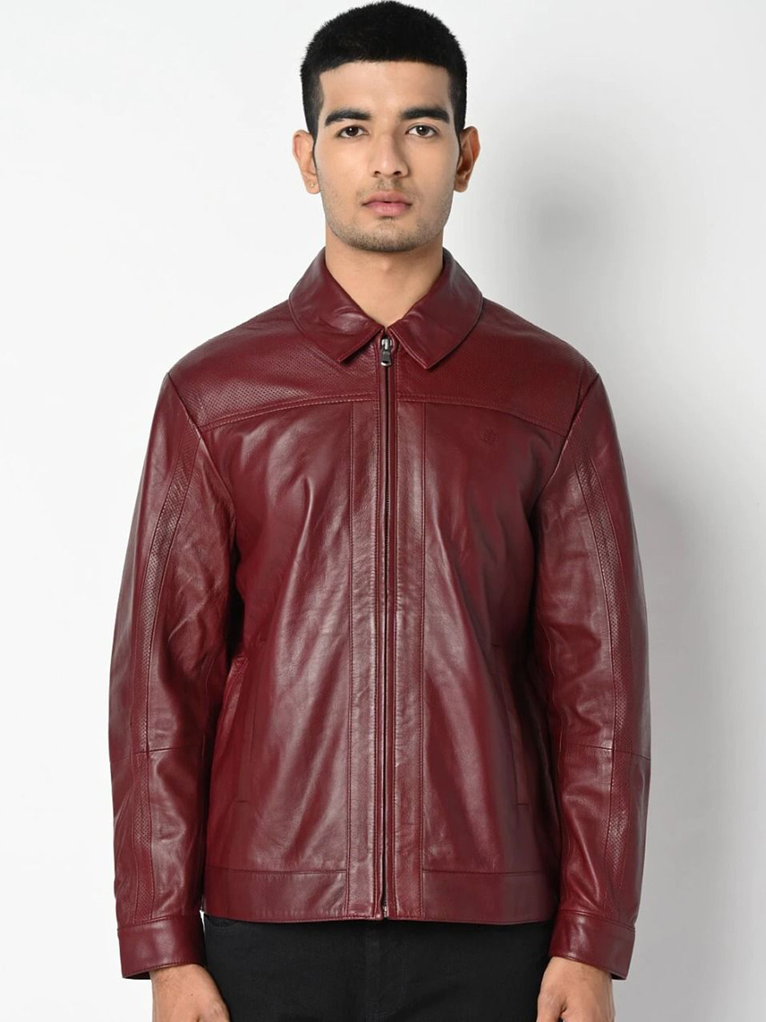 Tortoise Spread Collar Leather Biker Jacket