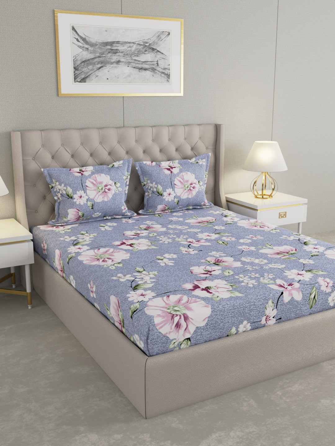 Raymond Home Memories Blue Printed 100 TC Queen Bedsheet Set 2.25 m x 2.2 m