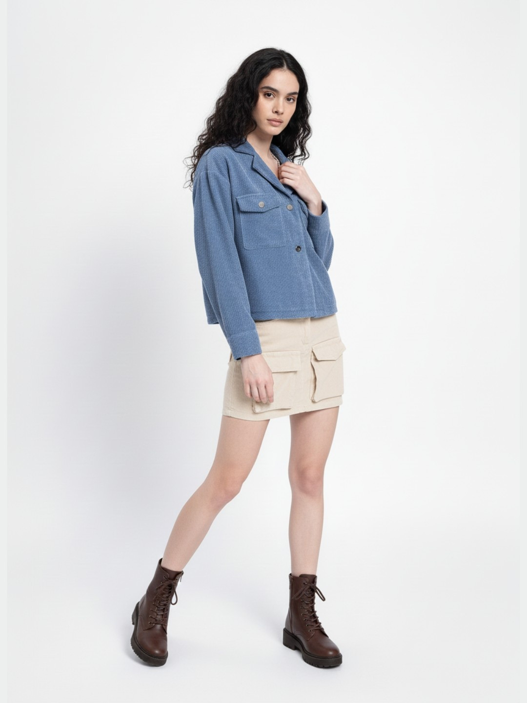 French Connection Notched Lapel Collar Drop Shoulder Corduroy Shacket